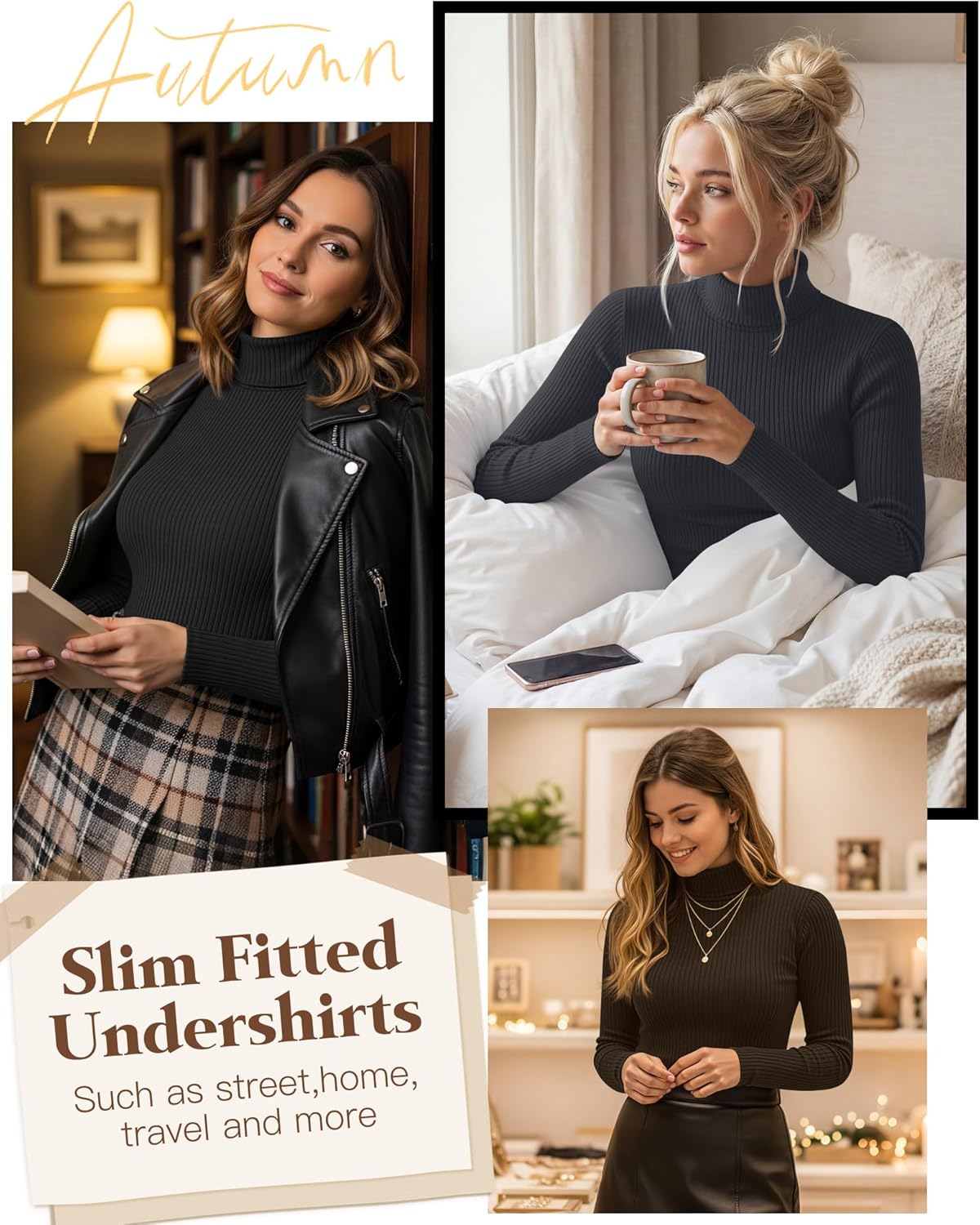 3 Pack Women’s Ribbed Turtleneck Tops Long Sleeve Cotton Stretch Shirts Slim Fit Base Layer Undershirt Tees - Image 4