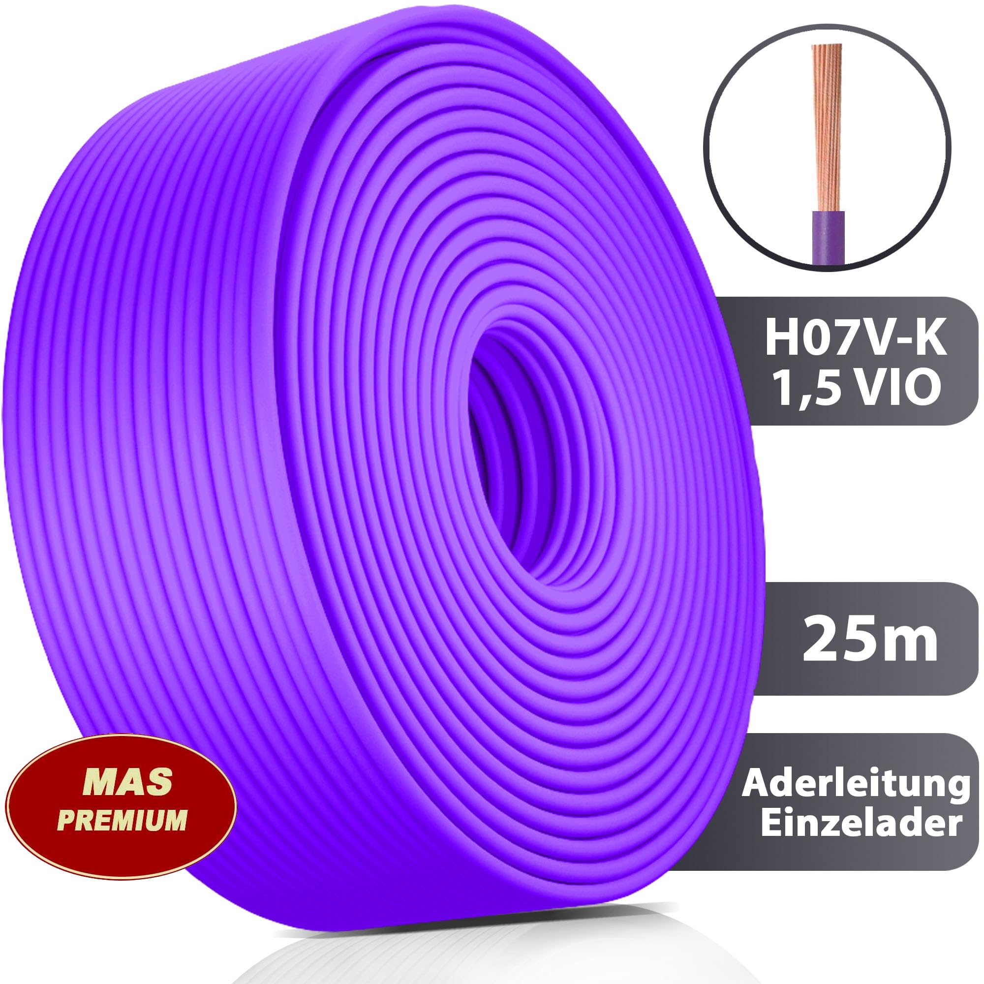 MAS Premium Cable Eléctrico H07 V-K 1 X 1,5 Mm² SW HBL GNGE GN RT DBL BR OR GR WS VIO U-MAR.BL O GE Cable Individual Flexible De 5 A 100 M (verde, 50