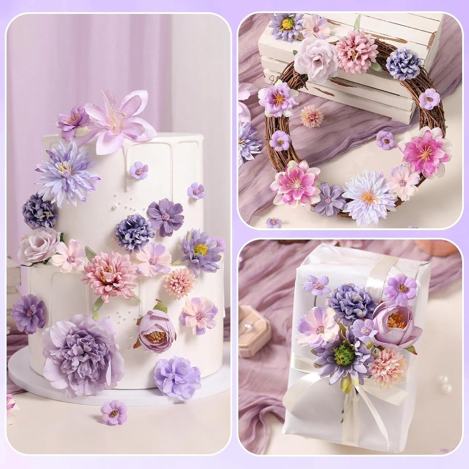 Artificial Flowers Heads Combo Purple Flowers Mix Silk Flowers Heads Bulk Faux Rose for Craft Garland Graduation Cap Wedding Bridal Baby Shower Home Party Decoration DIY Cake Decor - Image 2