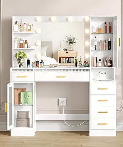 Miniatura 9 de Escritorio de tocador con espejo y luces, tocador de maquillaje con 6 cajones, tocador superior transparente con 2 armarios y estantes de