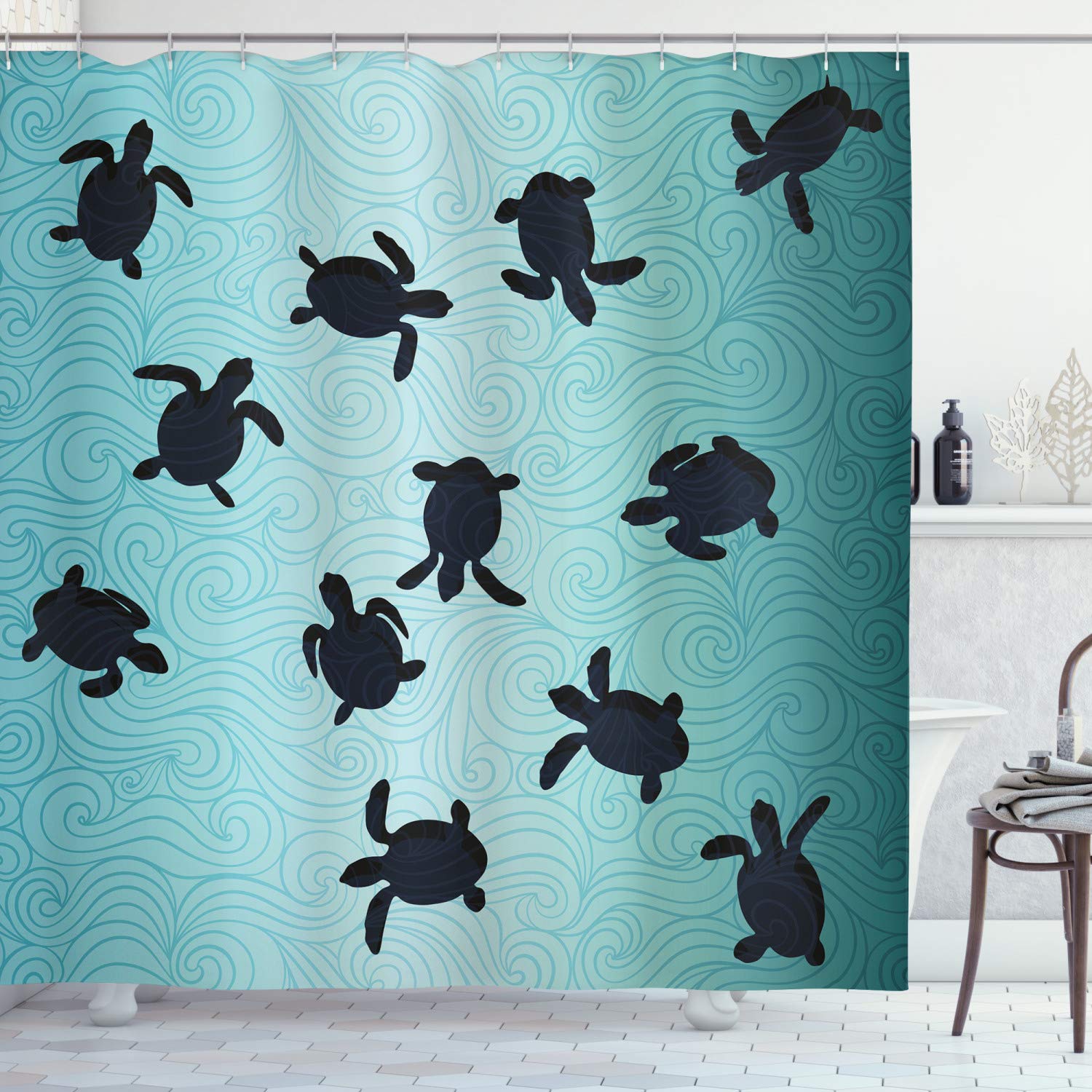 ABAKUHAUS Marine Shower Curtain, Baby Sea Turtles Swimming Silhouette from the Bottom of Ocean Underwater Display, Cloth Fabric Bathroom Decor Set with Hooks, 70 Inches, Teal Dark Blue โ image 1