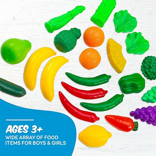 Miniatura 7 de MEDca Juego de comida para niños, colección de 130 piezas, juego de comida falsa surtida, incluye frutas, verduras, aperitivos, postres, jugos,