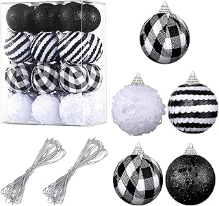 24 Pieces Christmas Balls Ornaments for Tree, 3 cm/ 1.18' Glitter Christmas Tree Balls Hanigng Baubles Plastic Ornaments for Xmas Holiday Party (White, Black, Sequin Style)