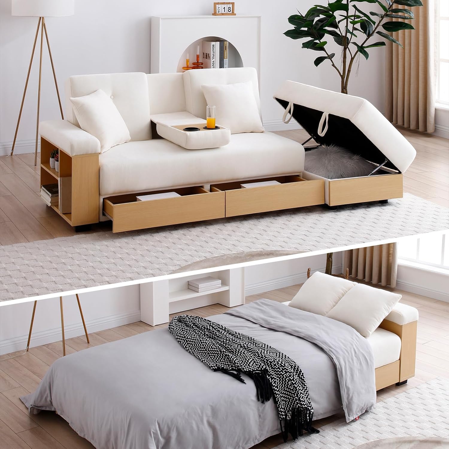 Product image of JOYBASE Modular Sectional Sofa Couch with Storage Ottoman, 3-Seater, Convertible Sofa Bed with Reversible Armrest, Drawers and Cup Holders for Apartment Living Room (Beige)