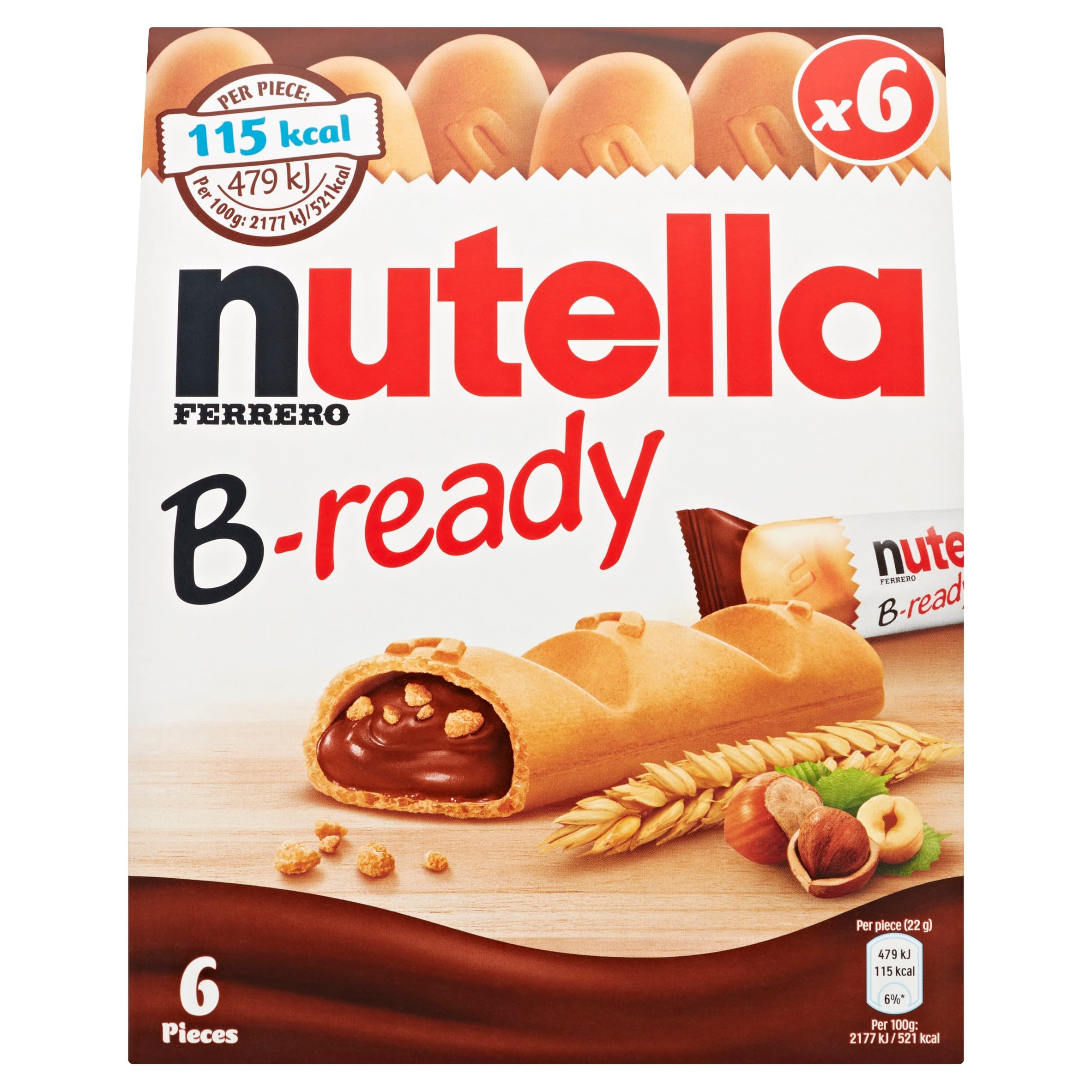 B-Ready Hazelnut Chocolate Biscuits Snack Bars, Chocolate Multipack, Wafer Filled with Hazelnut Spread and Cocoa, Pack of 6 x 22g