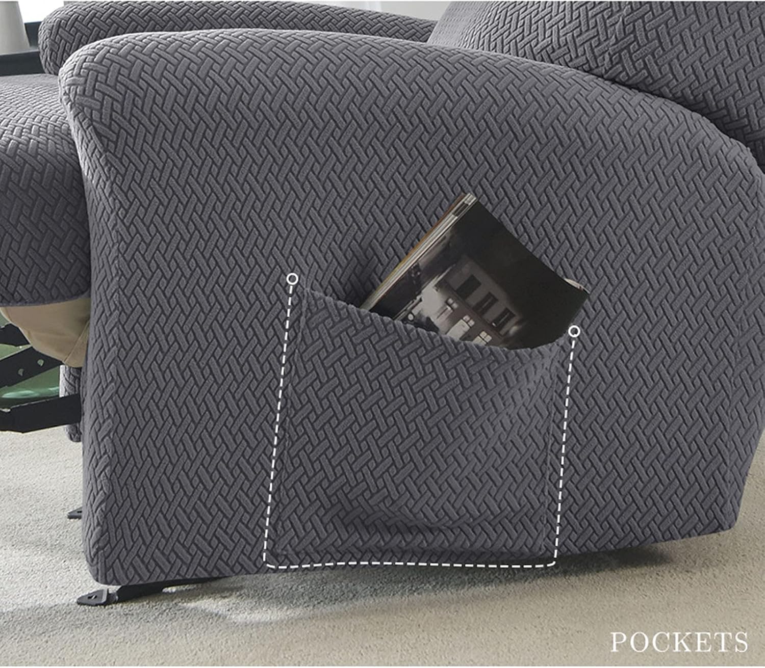 Stretch Recliner Chair Slipcovers, 4-Piece Jacquard 1 Seat Recliner Cover Soft Furniture Protector Thicken Sofa Cover with Pocket Sofa Slipcover for Reclining Armchair Cover