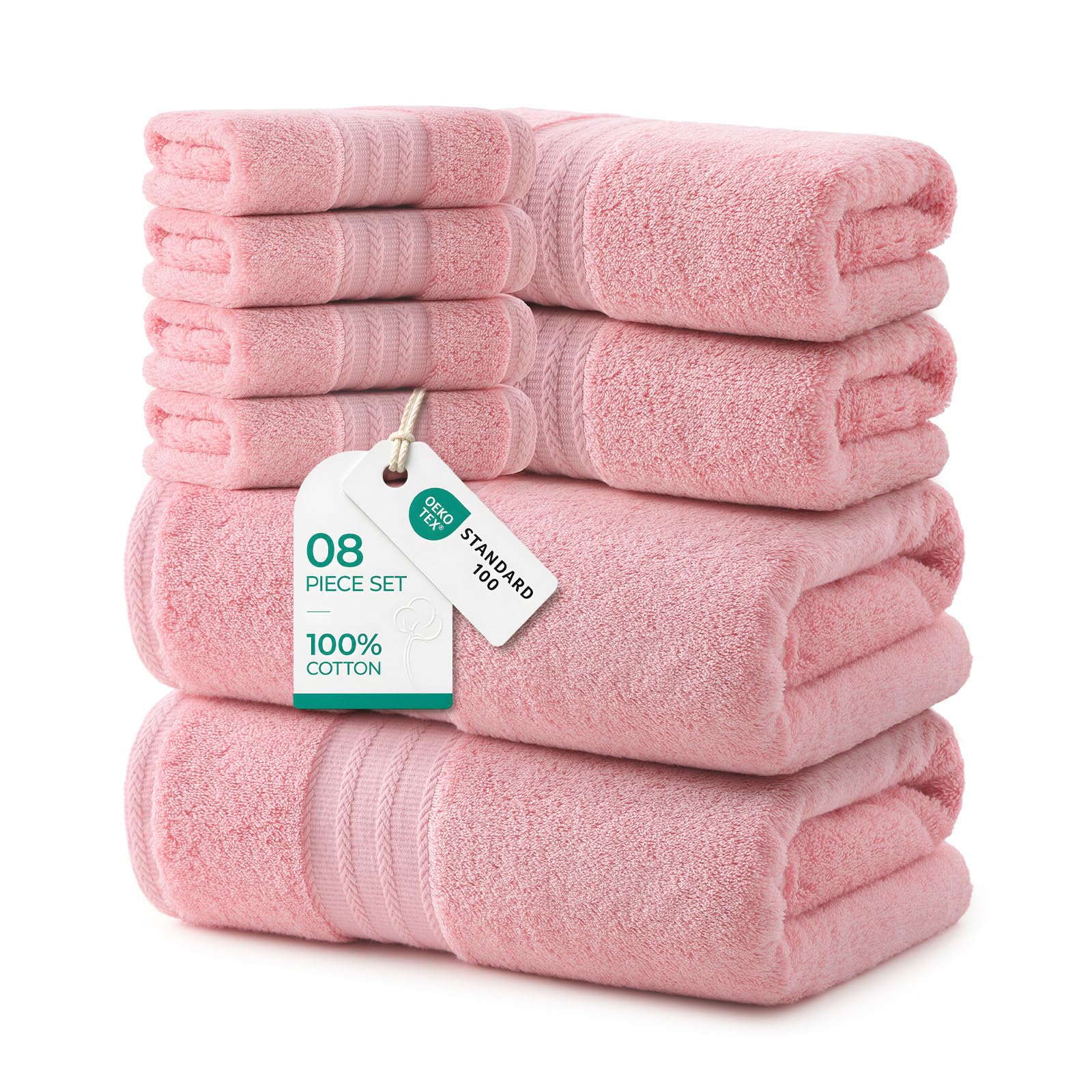 REDKISS 8 teilig Handtuch Set aus Baumwolle mit Aufhänger,weich & saugstark | OEKO-TEX zertifiziert, 540GSM, mit 2 Badetuch+2 Handtücher + 4 Waschlappen, ideal für Bad & Sauna-Rosa