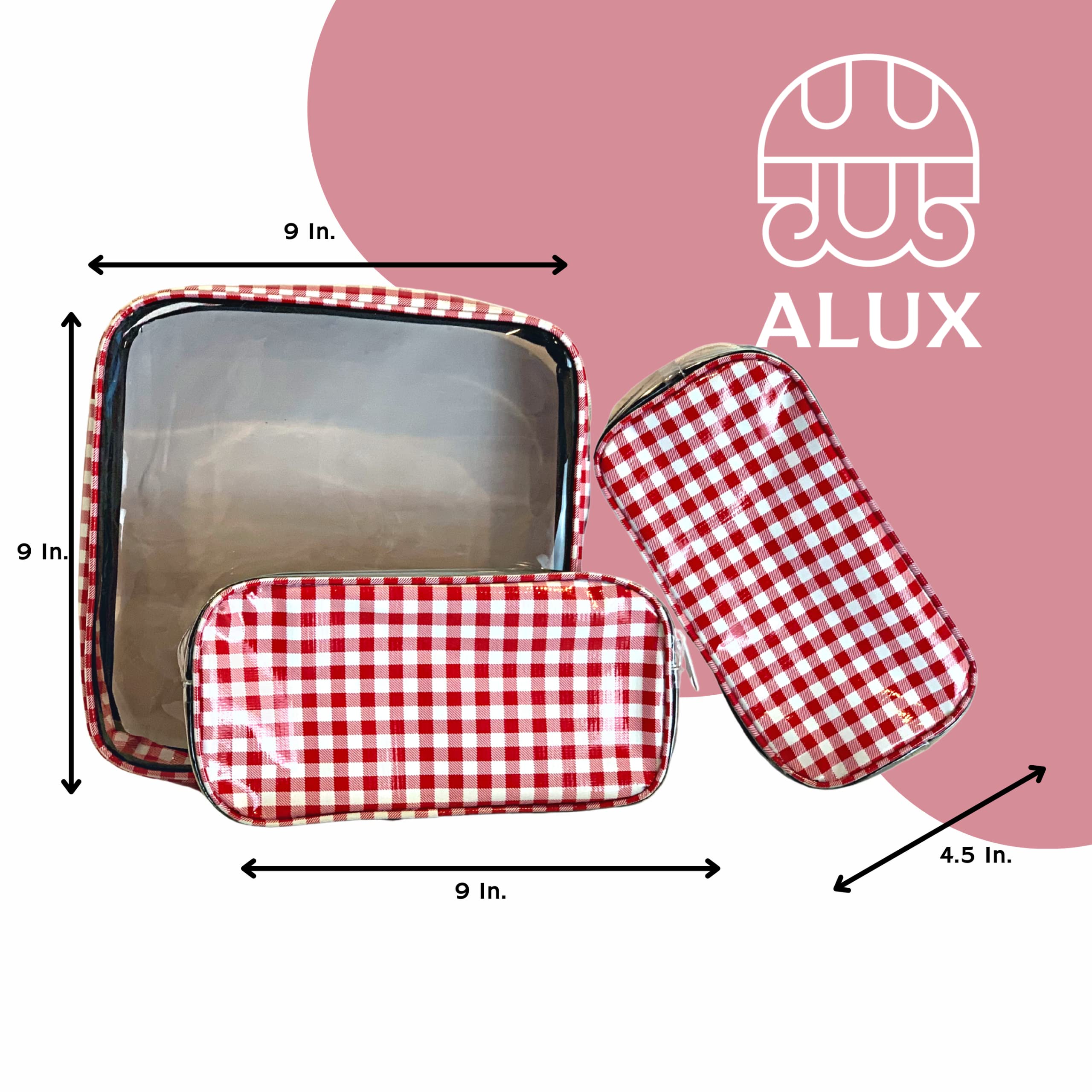 Alux Reise-Make-up-Taschen, wasserdicht, mehrfarbig, Reise-Kulturbeutel-Set, große und mittelgroße Make-up-Taschen für Reisen und Kosmetik, kleine Make-up-Tasche, 3-teilig, Vichy-Rot
