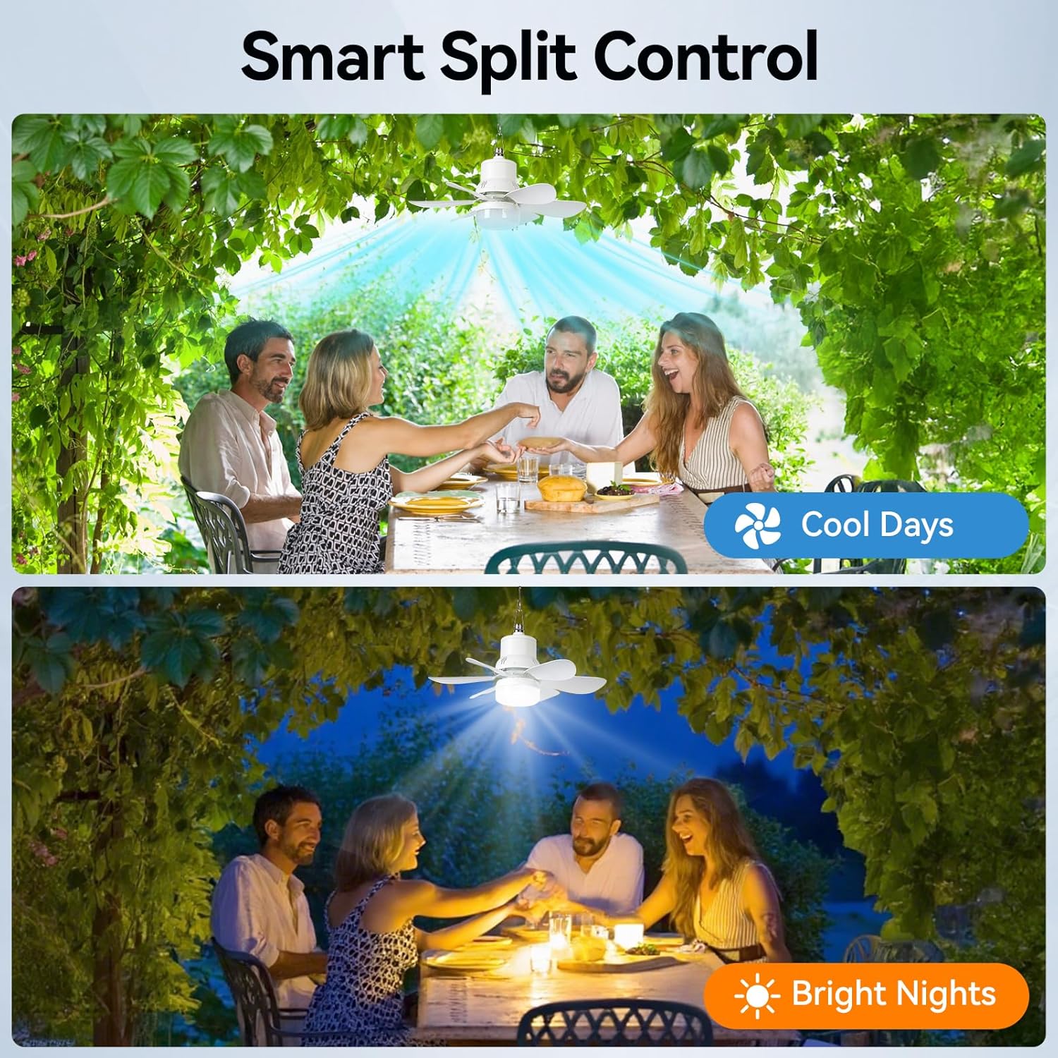 Solar Powered Ceiling Fan with Light, Dual USB-C/Solar Charging, 18.5" Quiet Outdoor Hanging Fan Light with Timer, 3 Speed/3CCT, Remote/Manual Control, Portable for Camping, Greenhouse, Chicken Coop