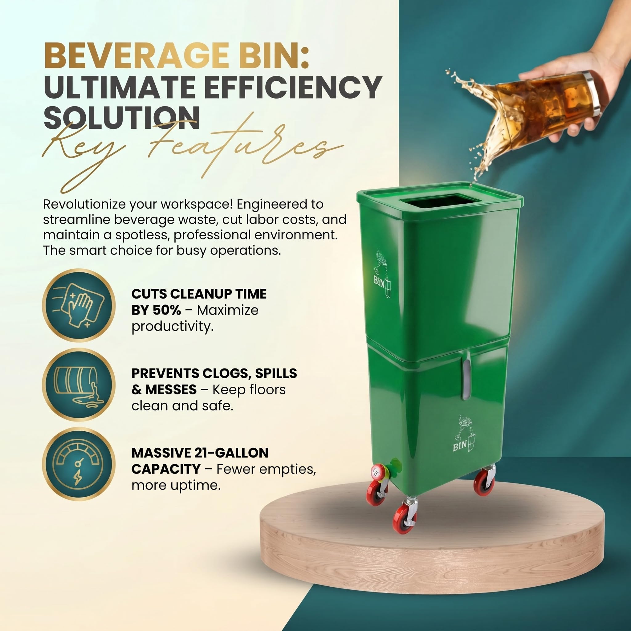 Cubo de basura de doble compartimento con ruedas de bloqueo, HDPE, 16 x 10 x 36 pulgadas, para bares, restaurantes y eventos (verde)
