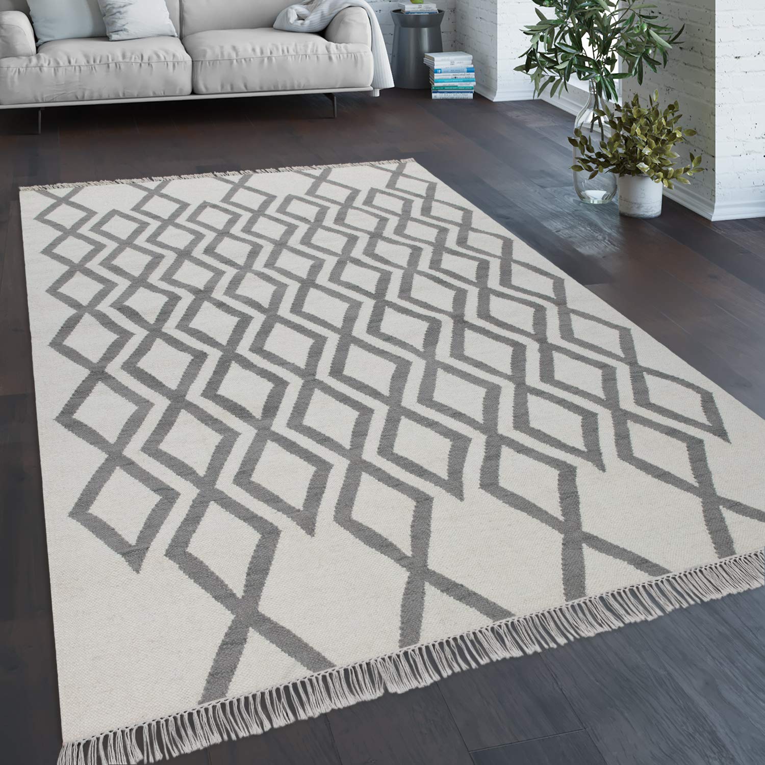 Paco Home Alfombra Salón Estilo Bohemio Flecos Tejida A Mano Mezcla Lana Algodón Gris, tamaño:160x230 cm