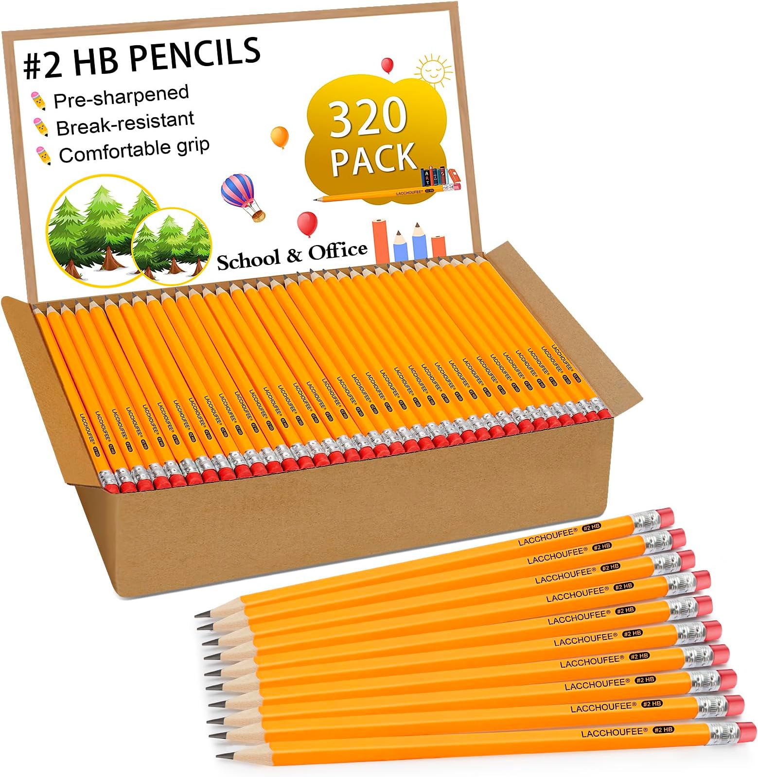 LACCHOUFEE320 Pack #2 Pencils Bulk Pre-sharpened Pencils with Eraser top, 2 HB Pencils for Writhing Drawing, Yellow Wood-Cased Pencils in Bulk for Office, School, Teacher and Classroom Supplies