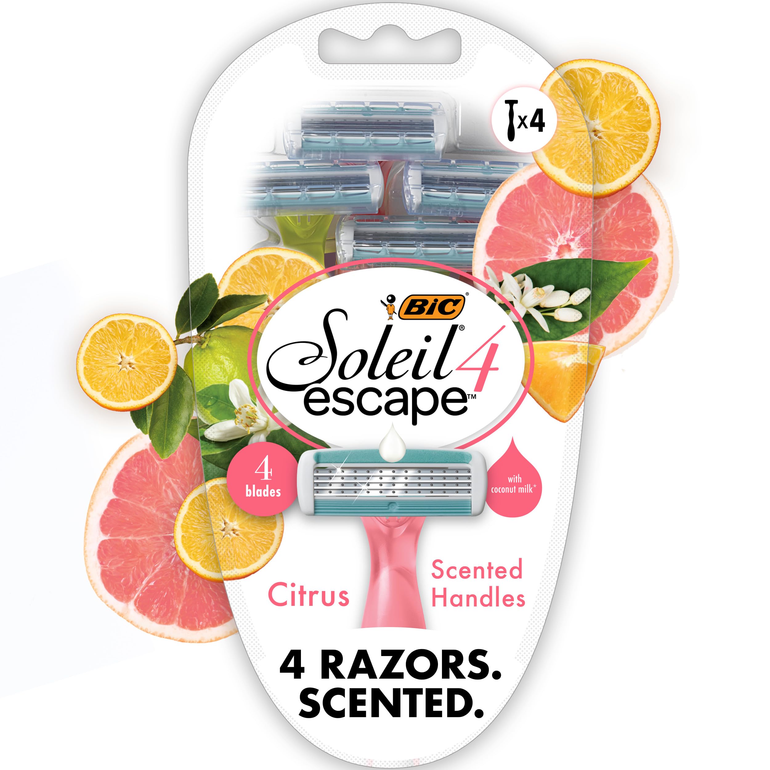 BICSoleil 4 Escape Scented Women's Disposable Razors, 4 Blades, Comfortable Shave, Citrus Scented Handle Shaving Razors for Women, 4 Count