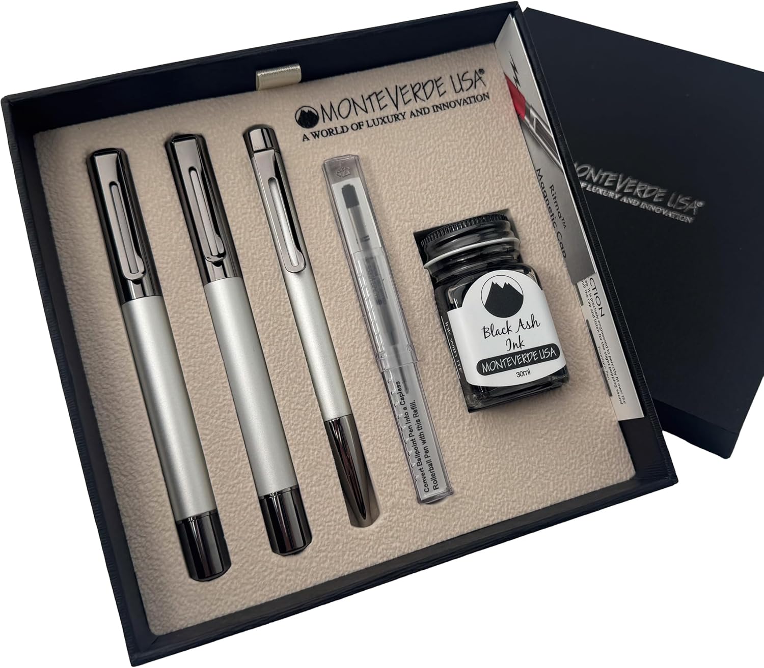 Monteverde Ritma 3+2 Piece Gift Set, Black - Includes Broad Nib Fountain Pen, Rollerball, Ballpoint, 30ml Ink & Refill - Luxury Writing Set for Pen Collectors, Writers & Professionals