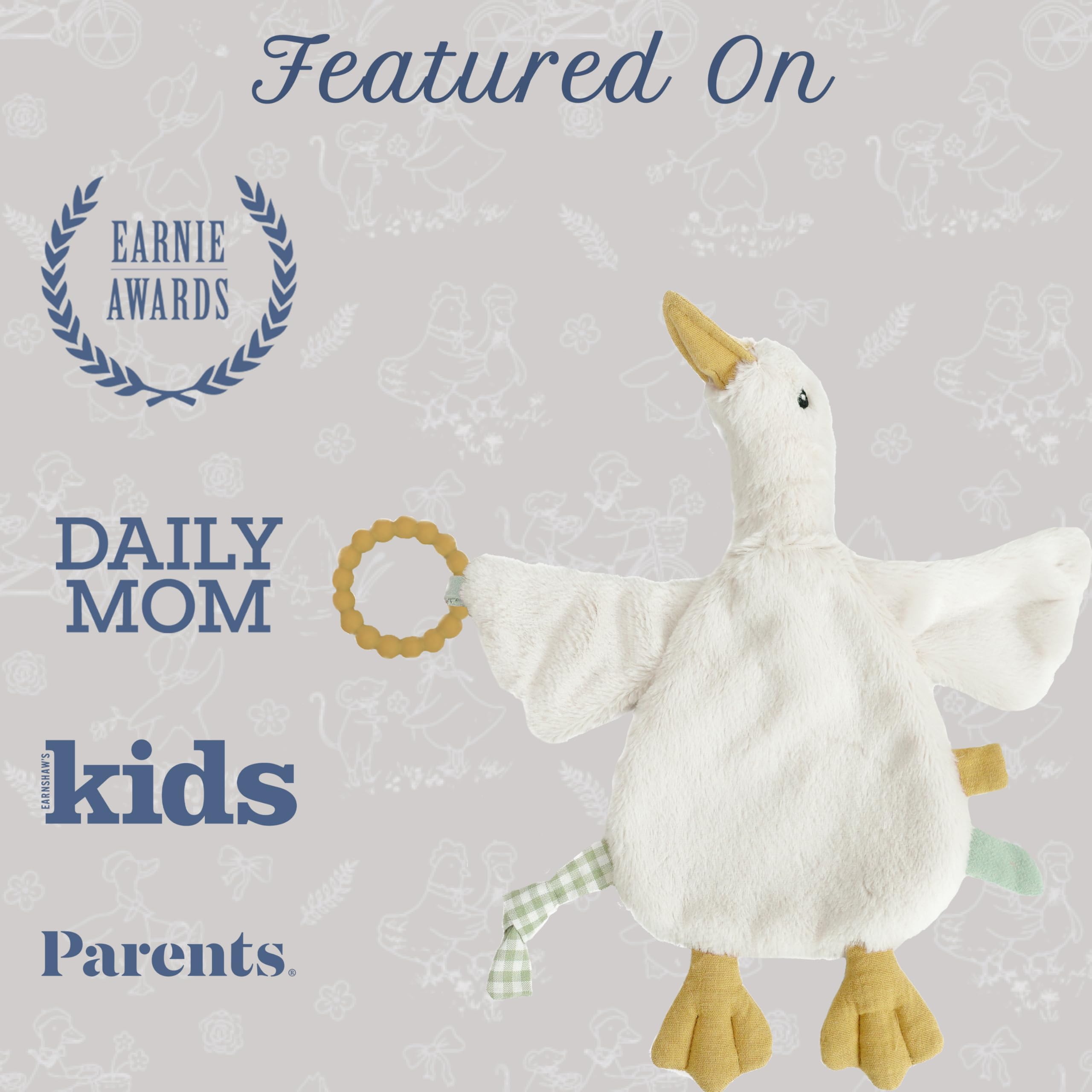 MON AMI PRU Goose Massaggiagengive Lovie | Coperta di sicurezza per bambini con massaggiagengive in silicone, morbido peluche Lovey per sollievo e comfort della dentizione