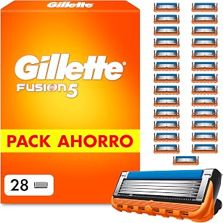 Gillette Fusion5 Cuchillas de Afeitar Hombre, Pack de 28 - Recambios para Maquinillas de Afeitar con 5 Hojas, Banda de Gel Lubricante Y Recortadora de Precisión