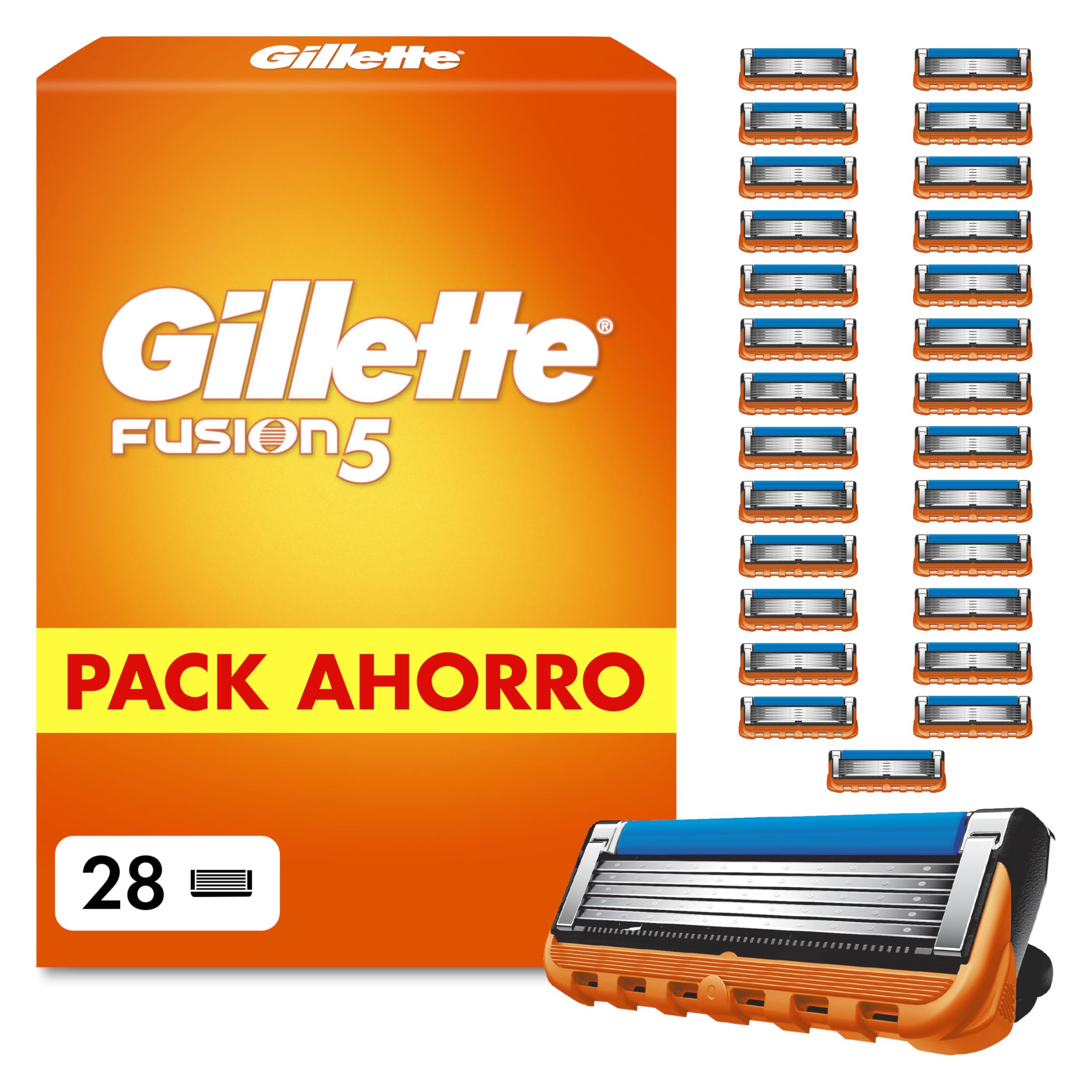Gillette Fusion5 Cuchillas de Afeitar Hombre, Pack de 28 - Recambios para Maquinillas de Afeitar con 5 Hojas, Banda de Gel Lubricante Y Recortadora de Precisión