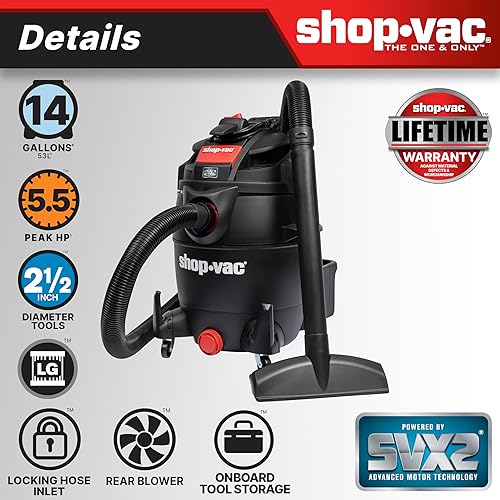 Miniatura 3 de Shop-Vac 5801411 Aspiradora de taller húmedoseco de 14 galones, 5.5 CV pico, 2.5 pulgadas de diámetro x manguera de 7 pies, cable de 20 pies, ideal