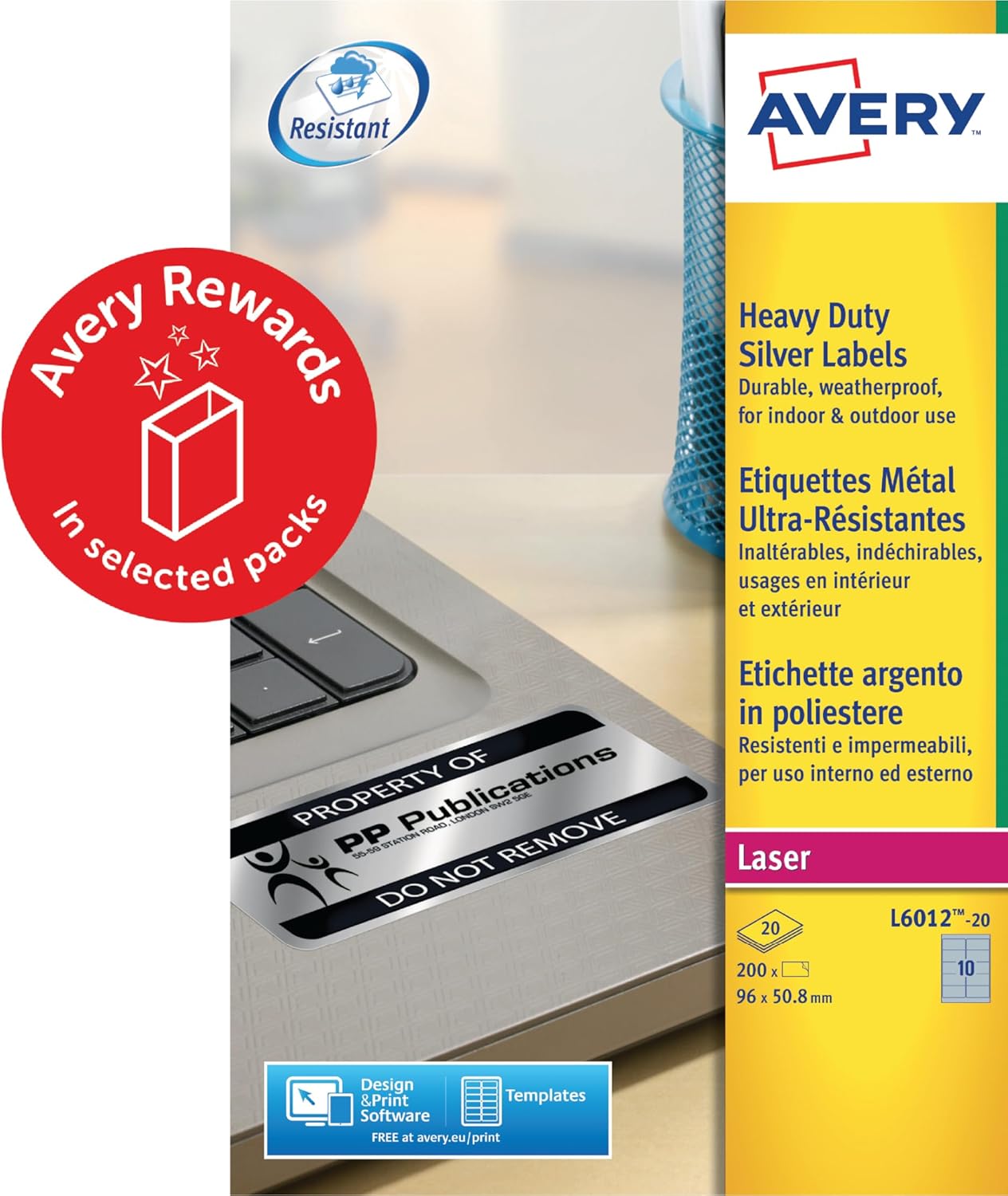 Avery L6012-20 (96.0 x 50.8mm) Extra-Strong Adhesive Silver Heavy Duty Labels, 10 Labels Per A4 Sheet