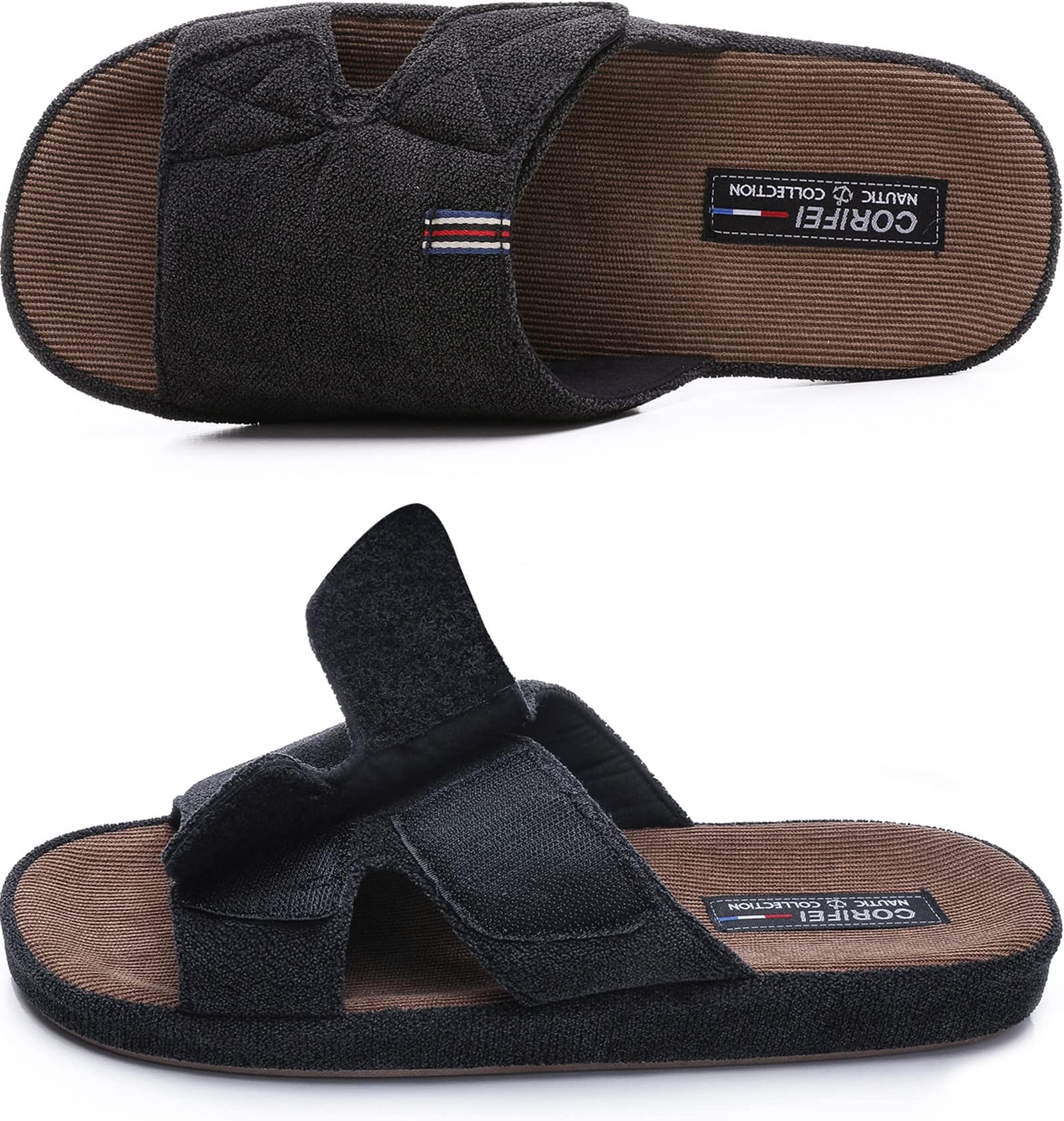 Men's Adjustable Wrap House Slide Slippers with Arch Support, Slip-on Cross Brand Open Toe Anti-Slip Comfy Indoor Outdoor