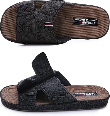 House Slippers for Men Open Toe with Low Arch Support Rubber Sole | Adjustable Indoor Slip On with Comfy Material