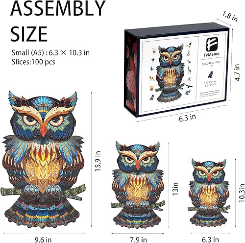 Miniatura 5 de FvMemo Rompecabezas de madera para adultos, rompecabezas de madera de búho de 100 piezas, rompecabezas únicos en forma de animales, rompecabezas de