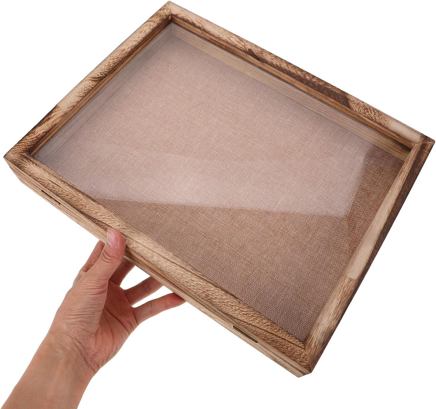 SAFIGLE Vintage Wooden Medal Display Shadow Box Frame, Hollow 3d Photo Frame with Lid, Charcoal Brown Solid Wood Holder for Medals, Dried Flowers, Desktop Keepsake Display