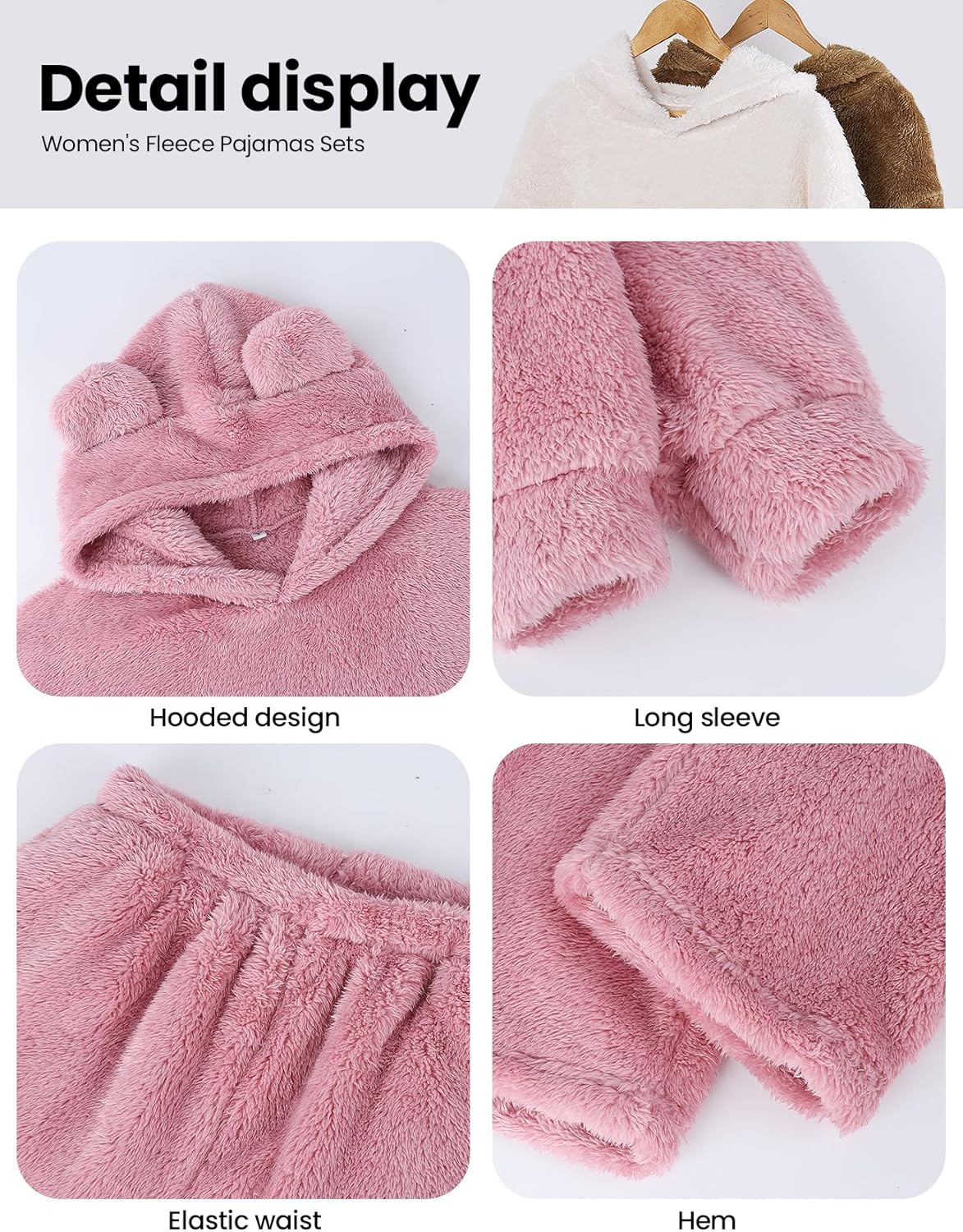 Yimoon Women's Fuzzy Pajamas Sets Hooded Bear Ear Fleece Loungewear Warm Soft Cozy Fluffy 2 Piece Outfits - Image 3