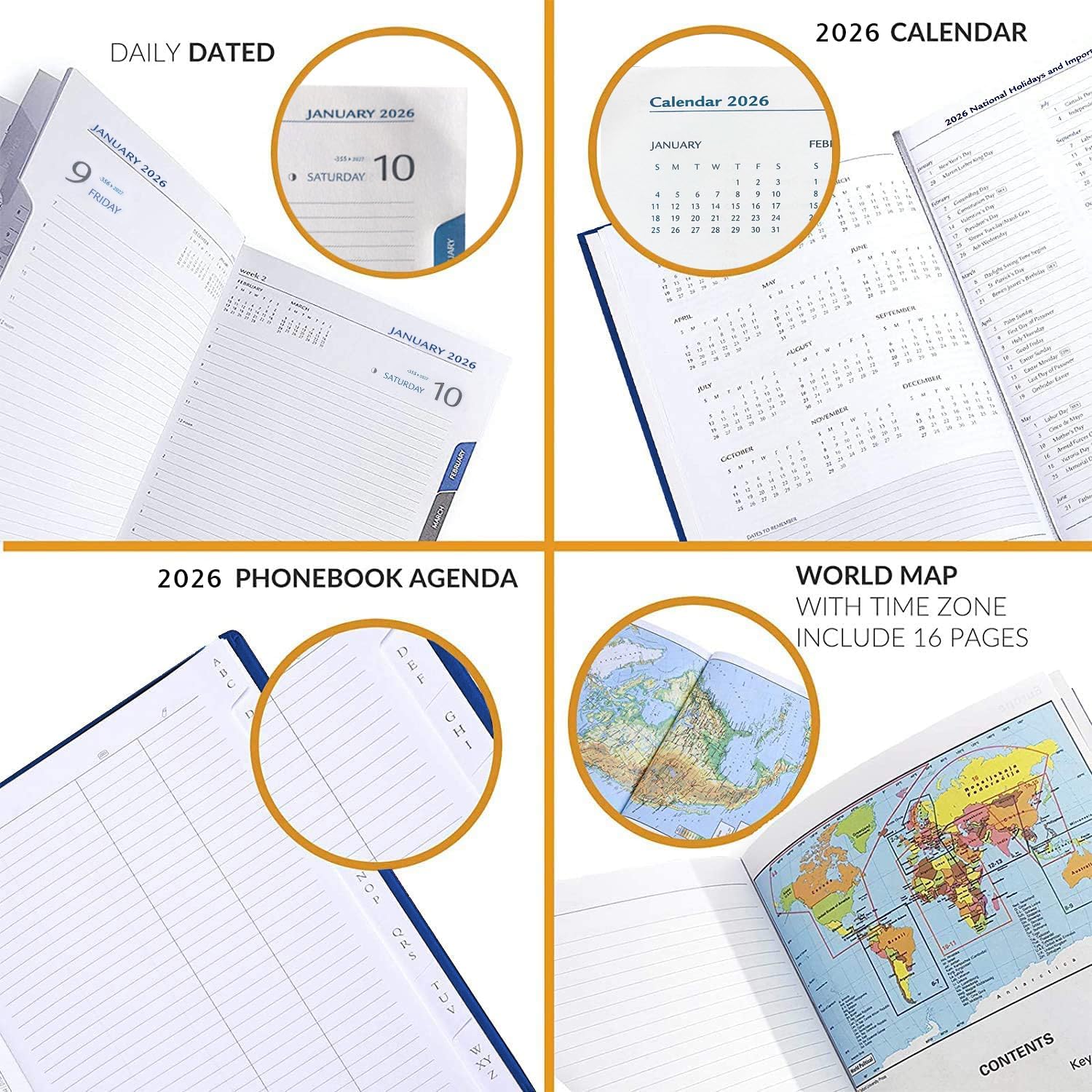 Leather Executive Daily Planner 2026 – A5-Compatible (8.3 x 5.9 in), One Page per Day Hourly Business Agenda, 416 Pages, Monthly Tabs, Hardcover – Made in Italy (BLUE 2026)