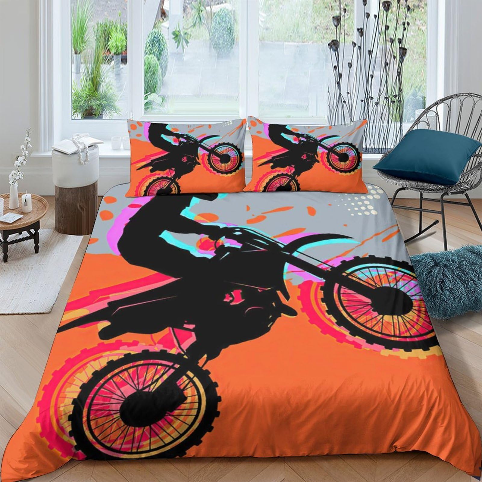 Ctjqhvkz Style-1 3D Printed Motocross Rider Fitted Sheet Microfiber Orange Extreme Sport Mattress Cover For Bedroom Dorm Easy Care Single（135X200cm）