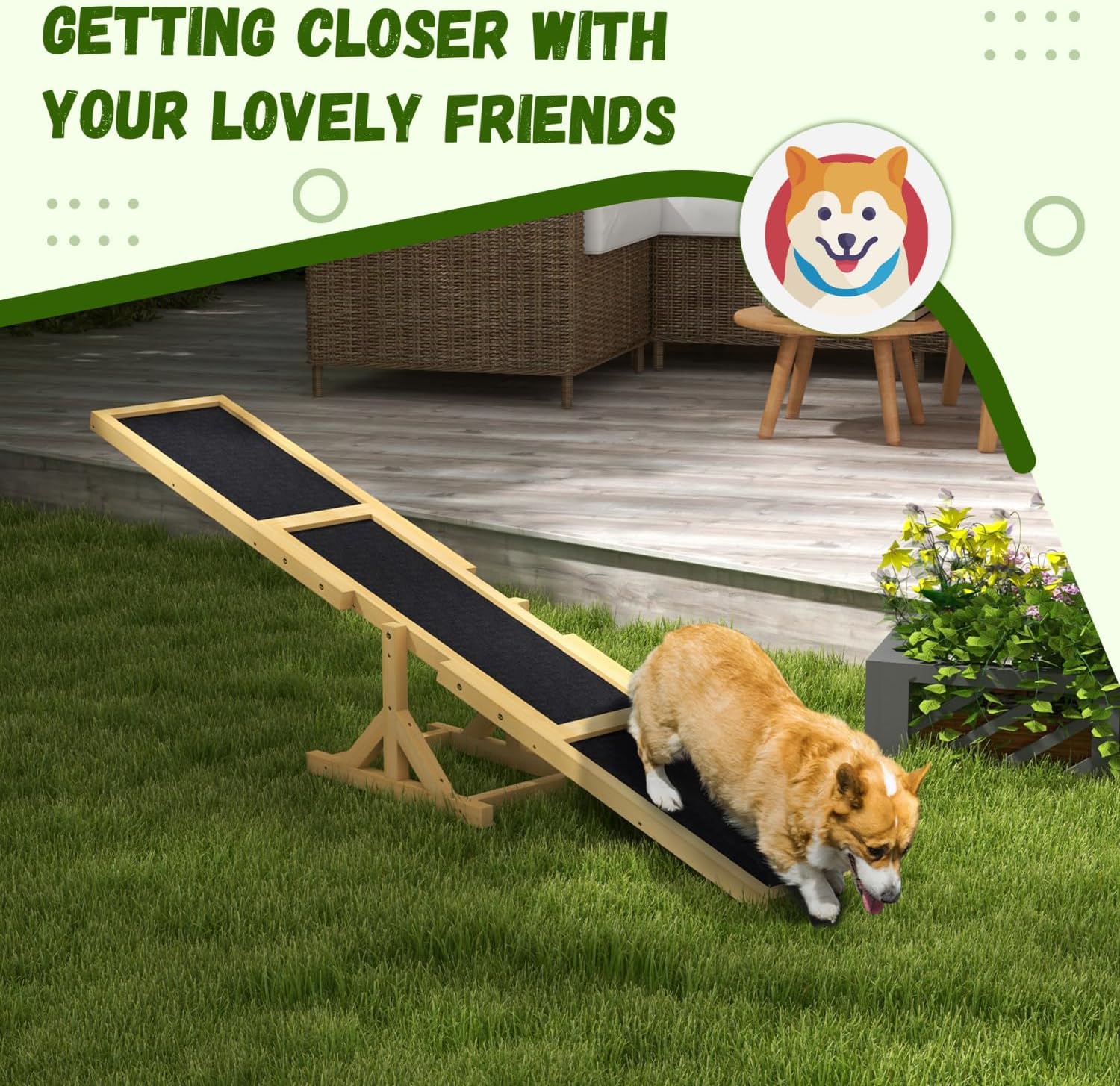 Wooden Dog Agility Seesaw for Training and Exercise, Platform Equipment Run Game Toy, Weather Resistant Pet Supplies, 71" L x 12" W x 12" H, Yellow