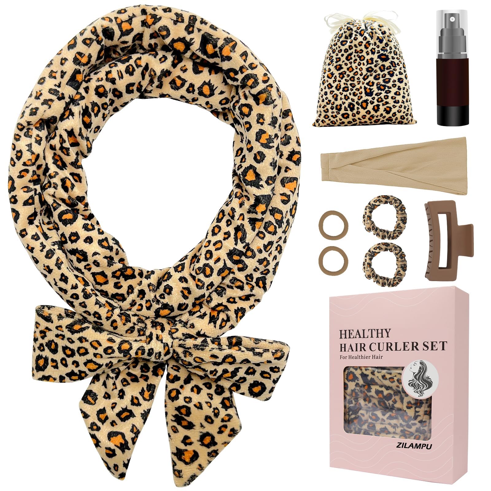 Heatless Curling Rod Stirnband, Leopardenmuster, 9-teiliges Set | Lockenwickler ohne Hitze, weicher Samt, Haar-Accessoires für Frauen und Mädchen