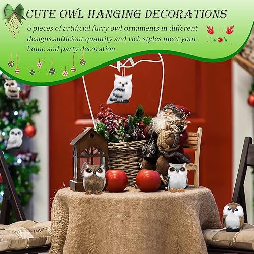 Miniatura 4 de Skylety 6 adornos peludos de búho de Navidad, adornos de búho para árbol de Navidad, lindo búho, adorno colgante de felpa con cuerdas doradas para