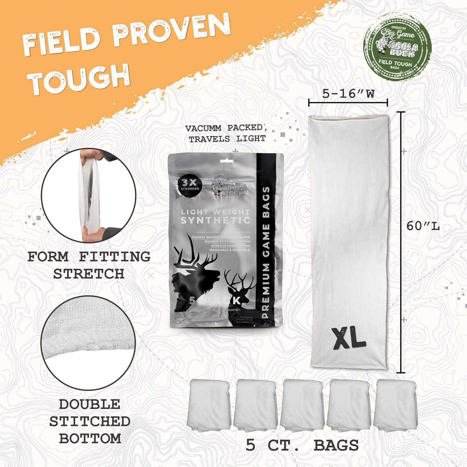 Koola Buck Synthetic Hunting Game Bags | 5 Pack Ultra Strong & Lightweight Synthetic Deer & Elk Game Bags | Reusable, Washable, Stretchable & Durable Meat Bags for Hanging & Packing Out Your Harvest