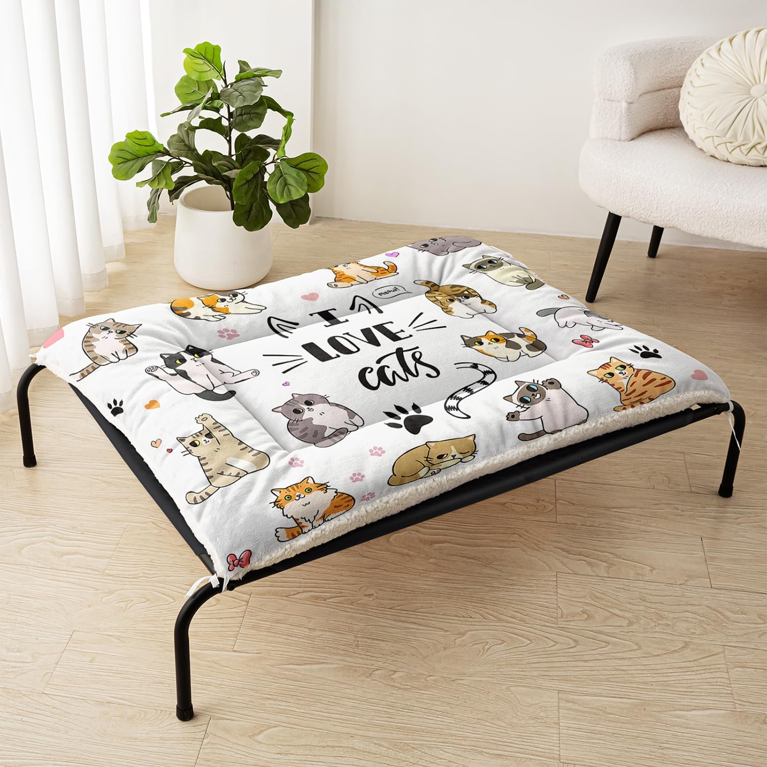 "I Love Cats Pet Bed Mat - Soft Washable Crate Pad for Kittens & Cats - Adorable Cat Design Dog Bed - Non-Slip Pet Cushion for Indoor Use (L)