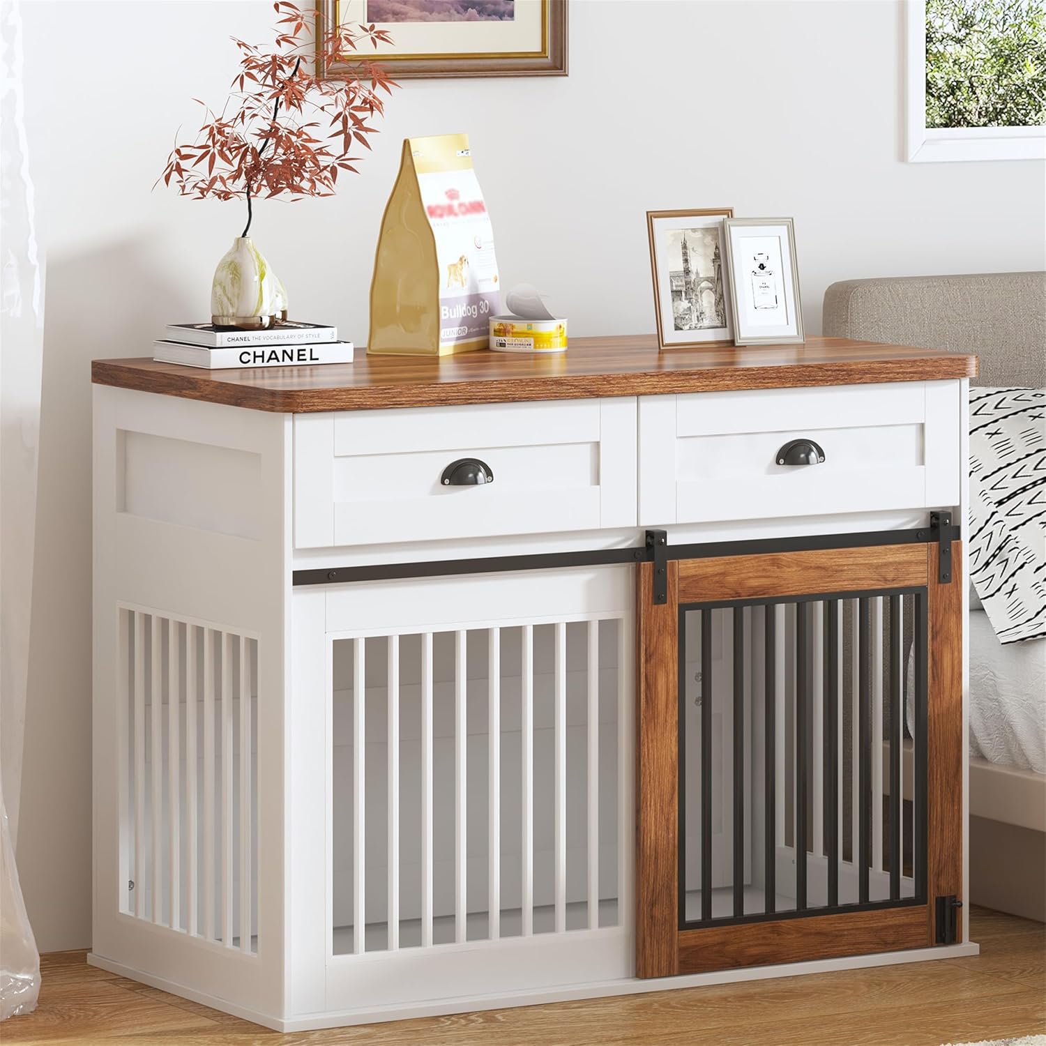 Dog Crate Furniture with 2 Drawers, Wood Indoor Dog House, Dog Cage Storage Cabinet for Living Room (White)