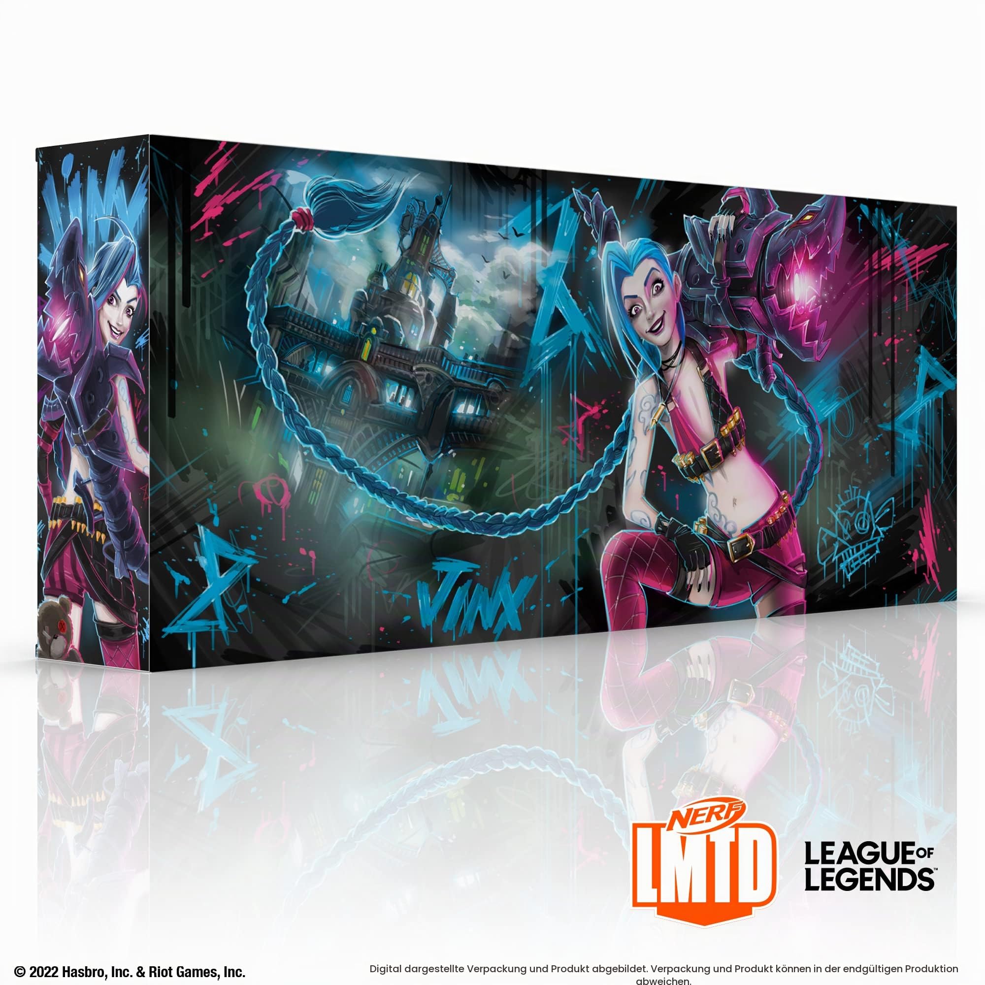 Nerf LMTD League of Legends Jinx Fishbones Blaster, 18 Dart-Trommel, 18 Nerf Elite Darts, 3er Dart-Abschuss, Display-Ständer