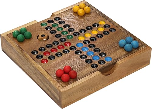 SiamMandalay Juego de mesa Ludo de madera premium  Juego de juego hecho a mano tamaño viaje 6.3 in diseño compacto con dados y 16 piezas coloridas