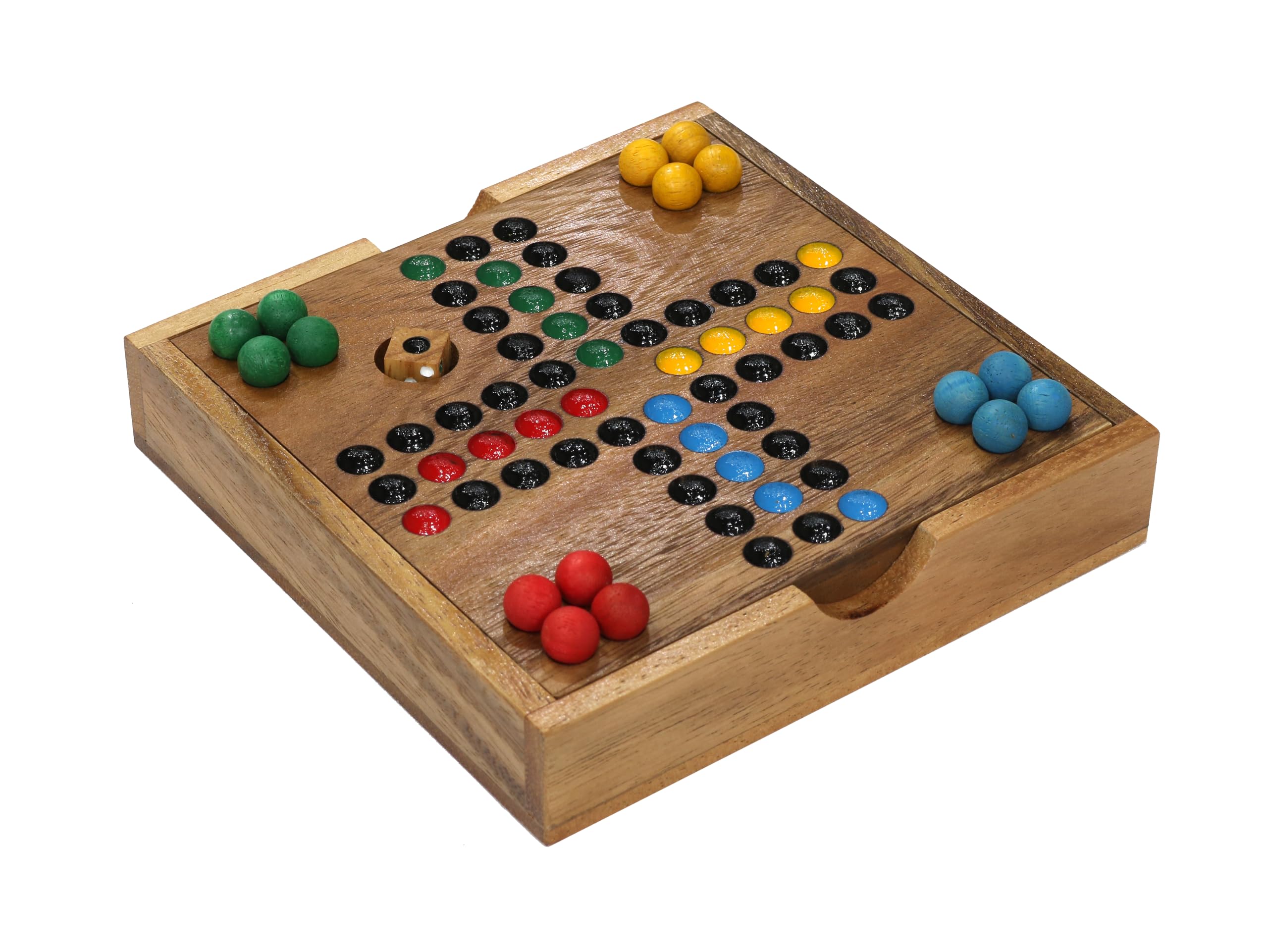 SiamMandalay Ludo - Gioco da tavolo in legno di alta qualità, realizzato a mano, formato da viaggio, 16 cm, design compatto con dadi e 16 pezzi da gioco colorati, classico gioco di strategia per