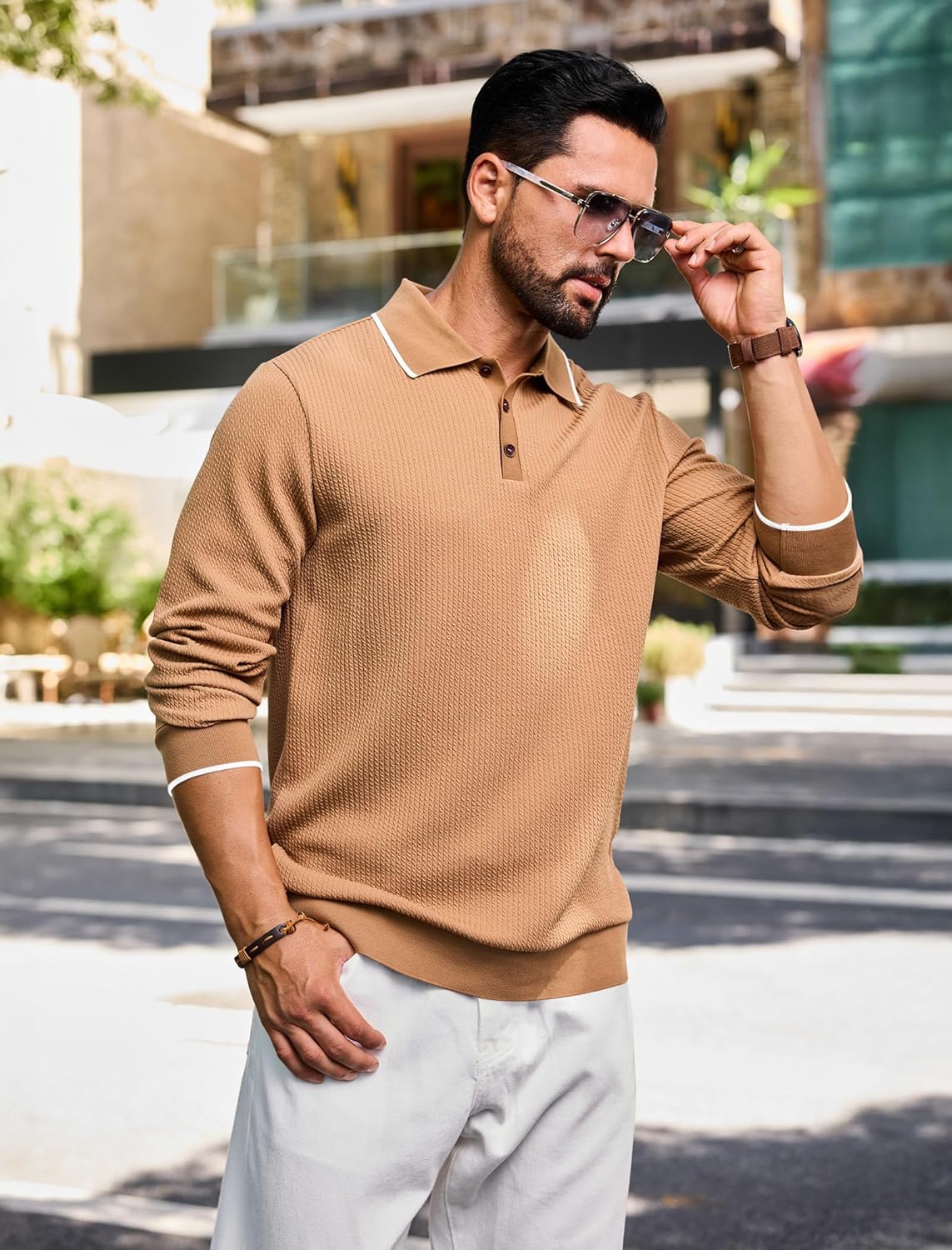 Angbater Men’s Casual Polo Shirt Long Sleeve Textured Button Collared Polo Knit Stretchy Golf Pullover Sweaters - Image 2