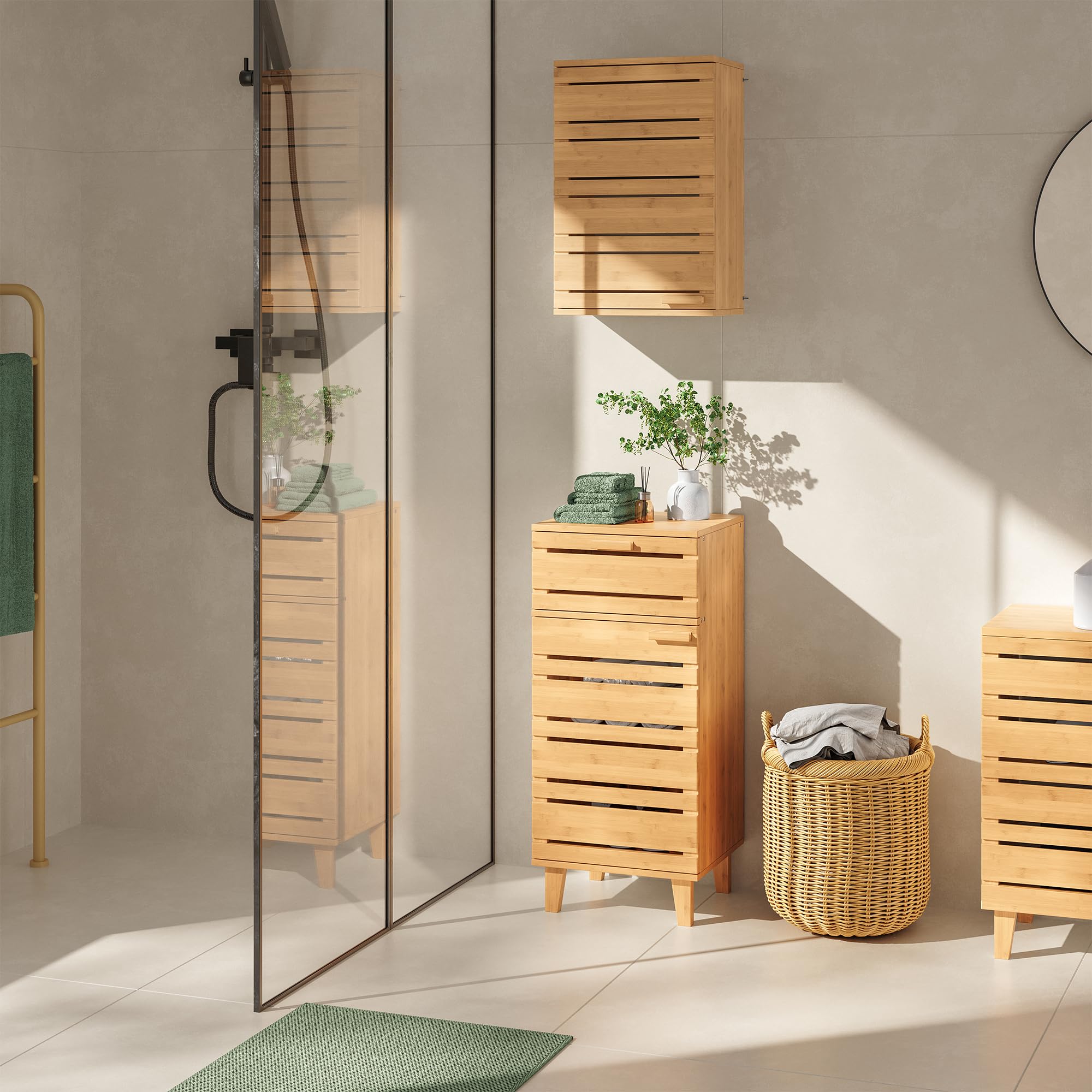 [en.casa] Aparador para Baño Epind Mueble Auxilar de Baño con 1 Puerta y 1 Cajón Armario Bajo 75 x 33 x 30 cm Bambú - Natural