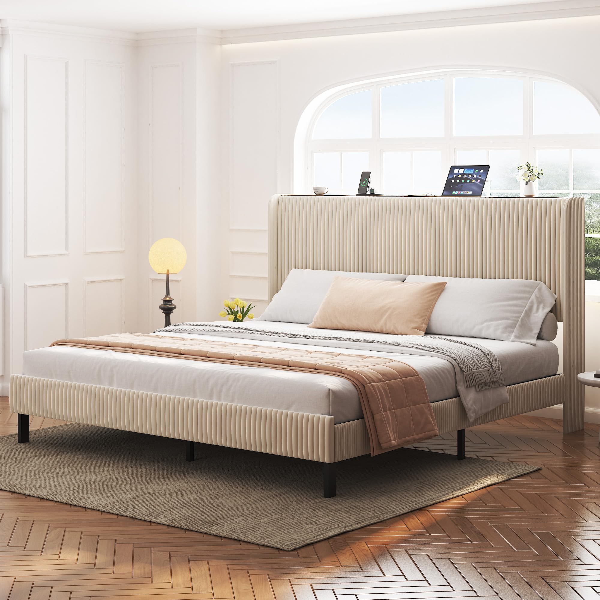king size platform bed, metal bed frame with charging station, no box spring needed, (beige), noise free,easy assemble