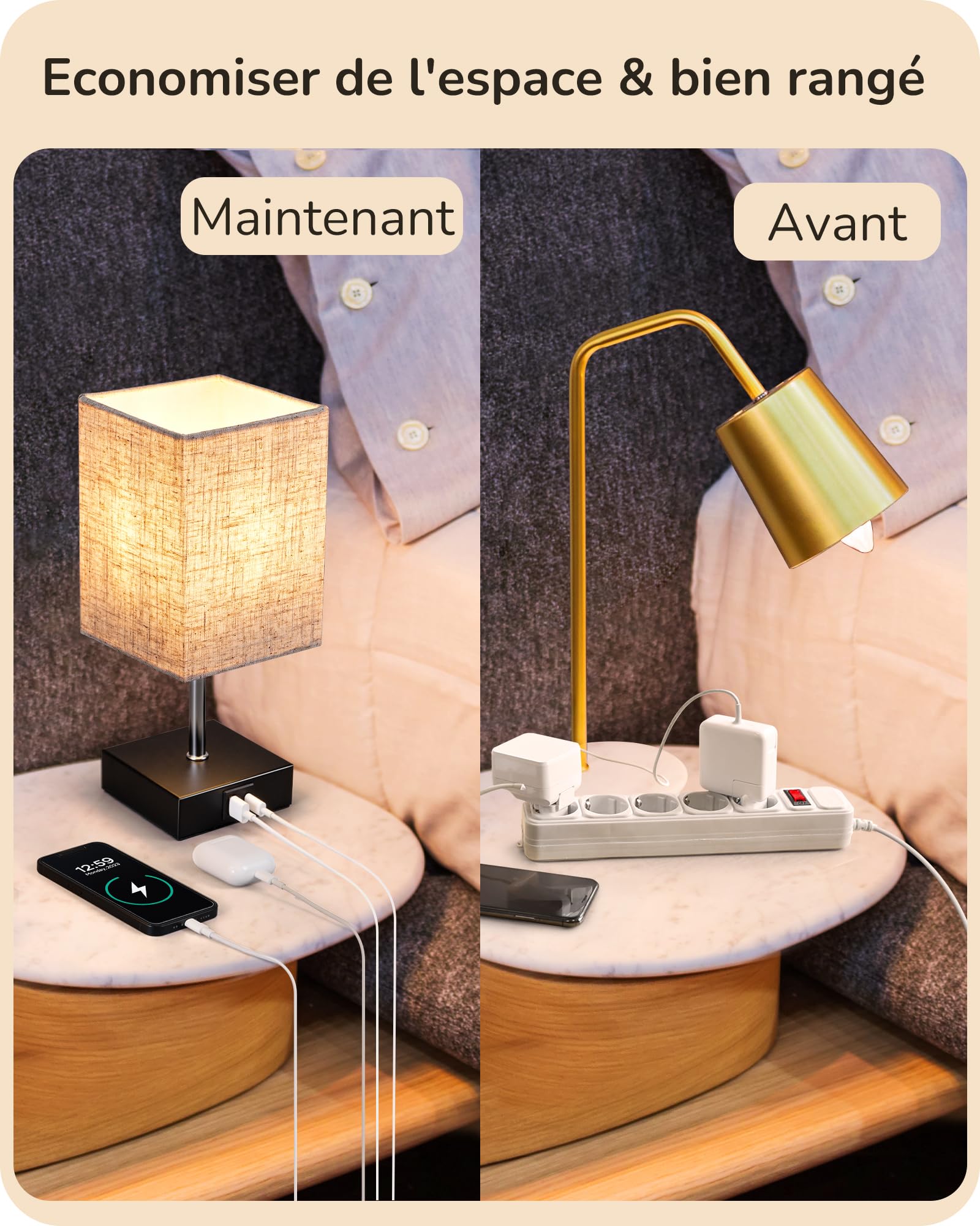 EDISHINE Lampe de Chevet Tactile Lot de 2, avec USB-A & USB-C Port de Charge, E27 Ampoule LED Incluse, 3 Intensités Réglables, Lampe de Table LED pour Chambre, Salon, Hôtel, Abat-jour Beige