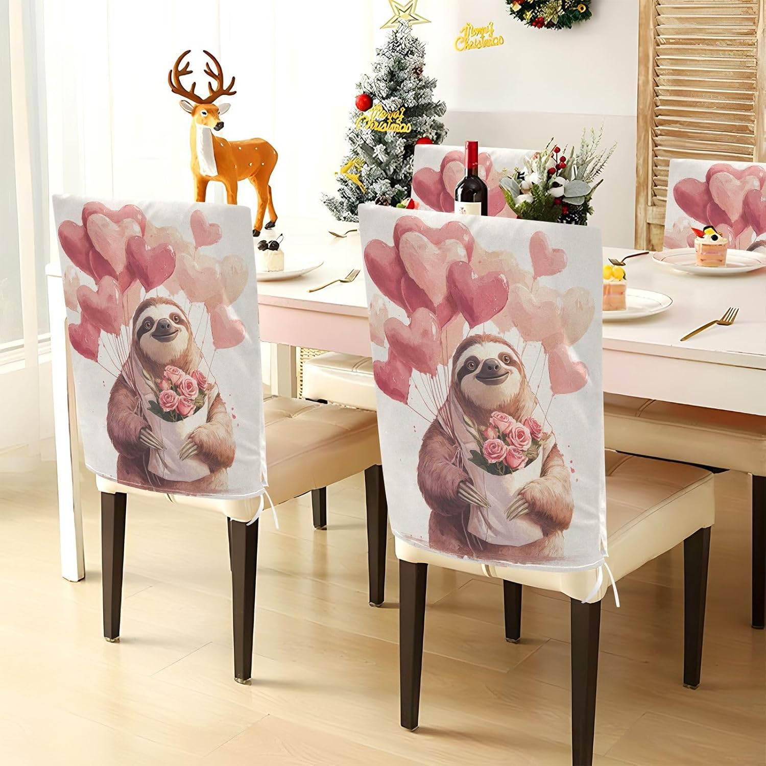 ALAZA Sloth Hearts Roses Chair Back Cover Set of 6, Washable Reusable Removable Chair Slipcovers Decorative Chair Cover for Home Kitchen Wedding Party