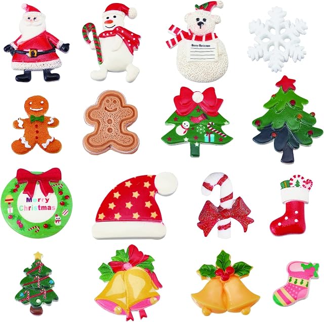 SUNNYCLUE 32Pcs 16 Style Christmas Cabochons Flatback Christmas Resin Embellishments Santa Claus Snowman Jingle Bells for Christmas Decorations Gingerbread Scrapbooking Snowman Xmas Gift Box Decor