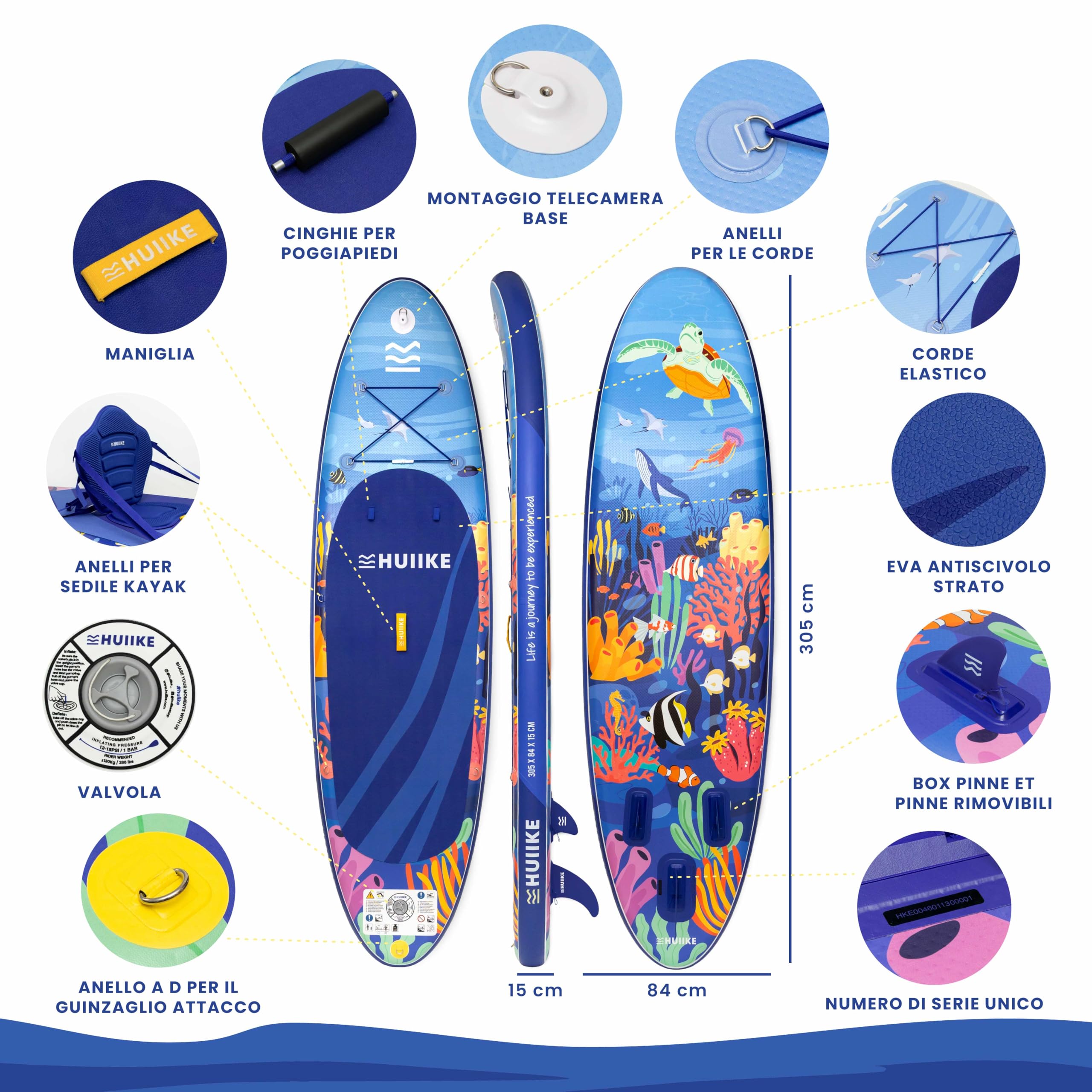 HUIIKE Tavola Sup Gonfiabile Adulti con Accessori Inclusi, Pagaia, Pinne, Pompa. Stand Up Paddle Board con Grande Stabilità e Resistenza. 305 x 84 x 15 cm, Carico Massimo 130 kg