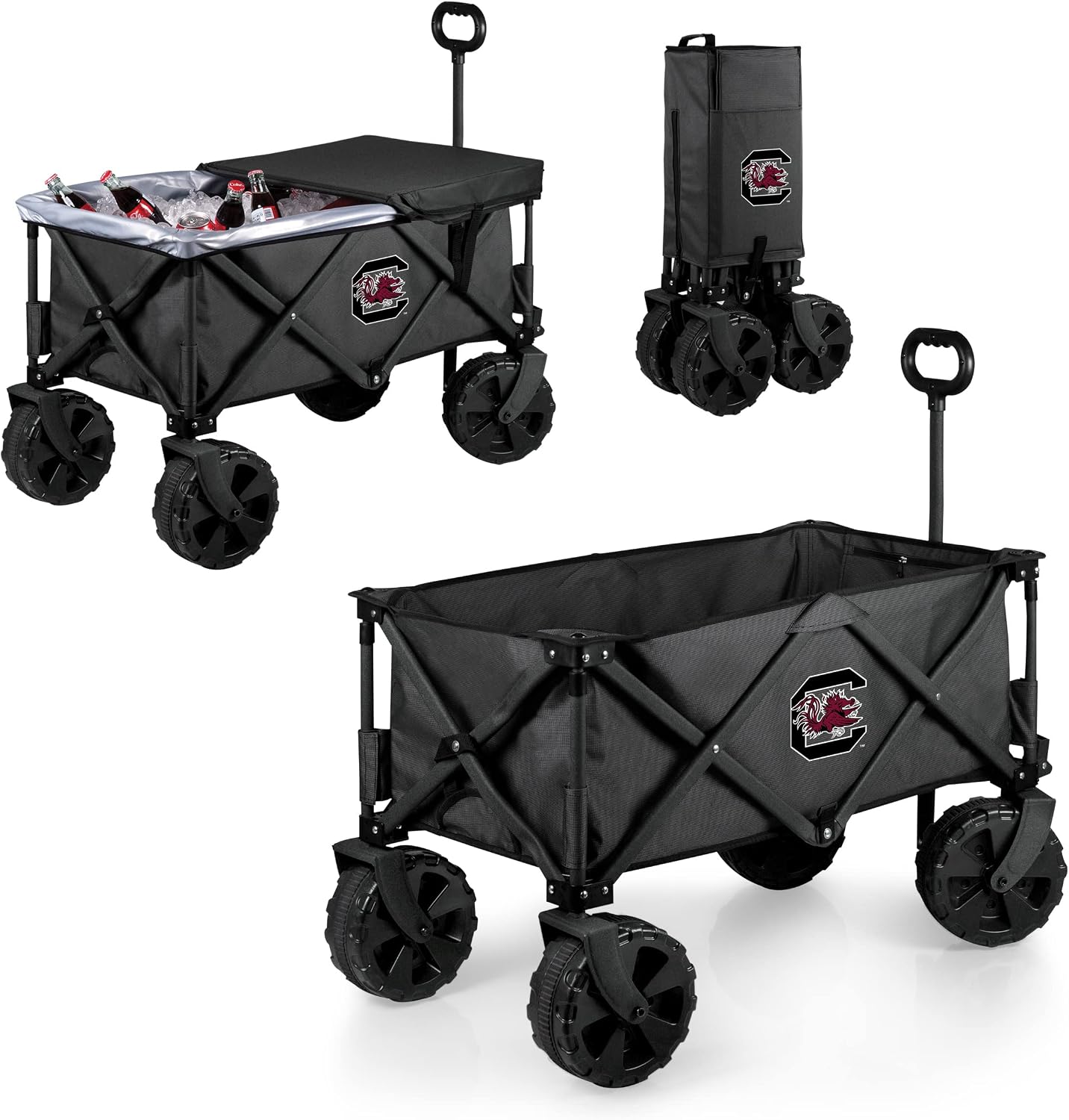 PICNIC TIME NCAA Adventure Wagon Elite All-Terrain Folding Beach Wagon with Big Wheels Plus Table Top Lid & Soft Cooler Liner, (Dark Gray)