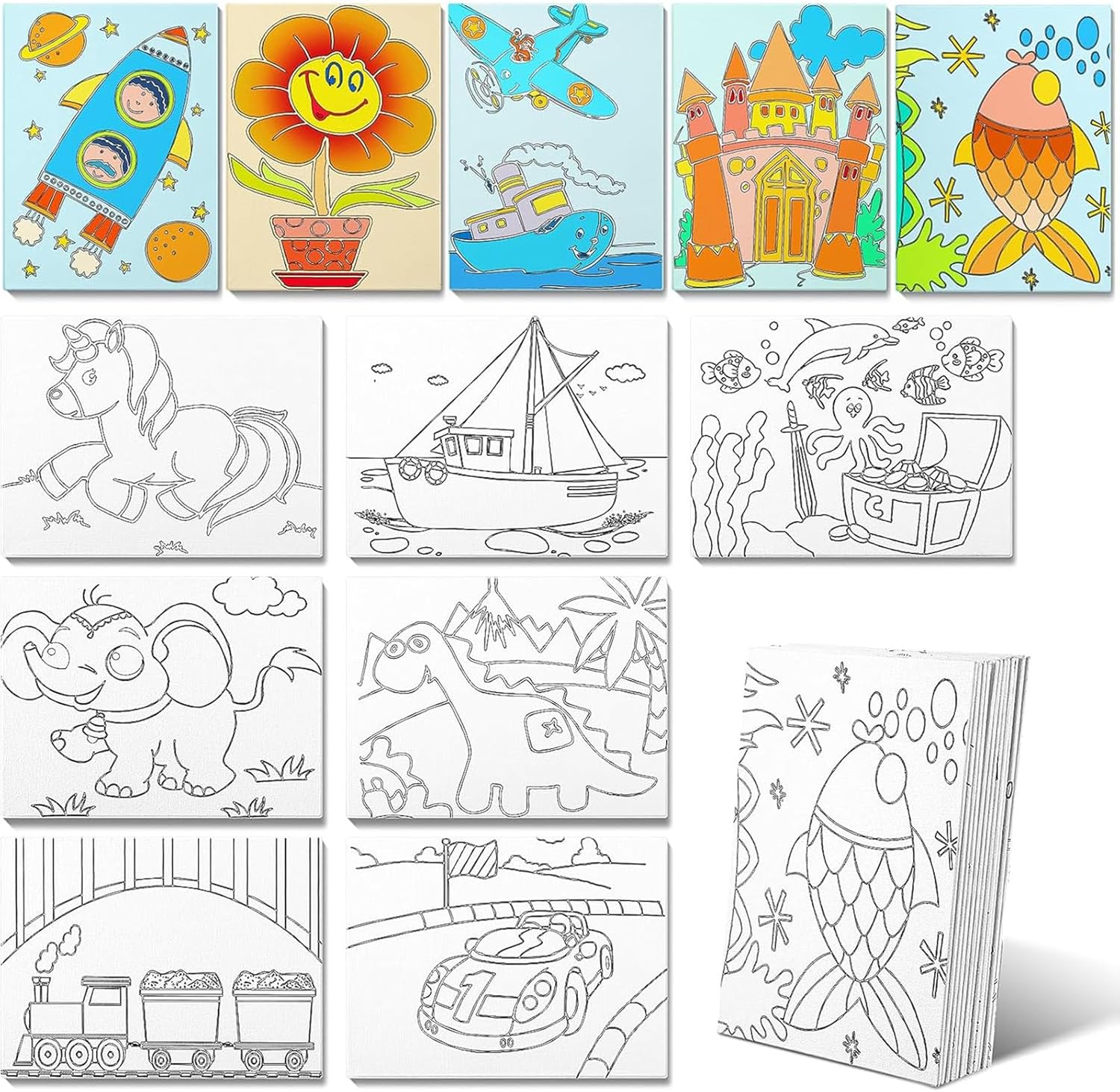Fulmoon 24 Pcs Pre Drawn Canvas for Painting for Adults Preprinted Bulk 7.8 x 5.8 Inch Pre-Stenciled Painting Canvas Panels for DIY Party Favor Gift Activities, 12 Style