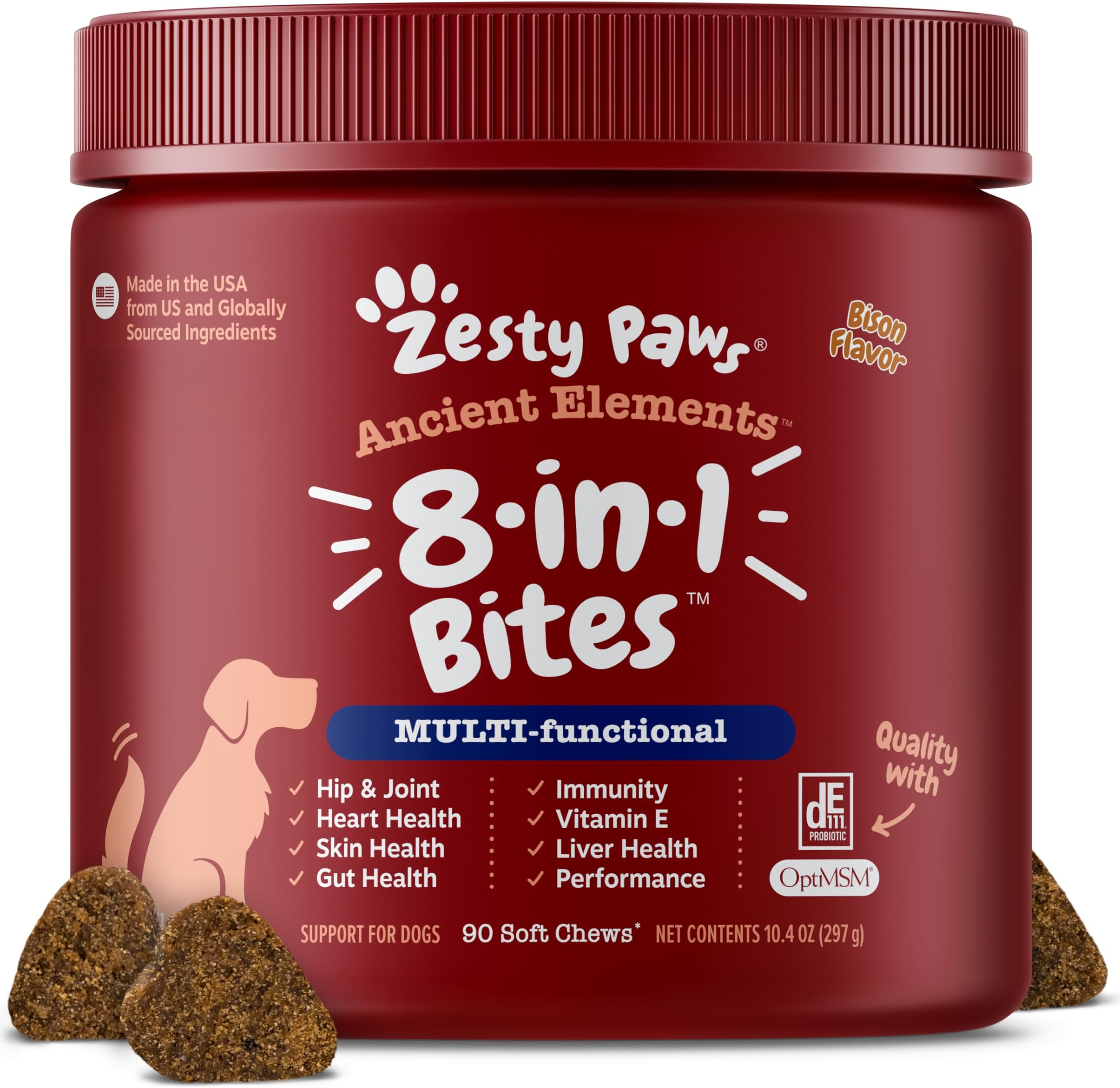 Dog Multivitamin, Chewable Dog Vitamins and Supplements for Hip & Joints, Skin & Coat, Omega 3 Fish Oil for Dogs- Senior & Puppy Multivitamin - Bison- 90ct