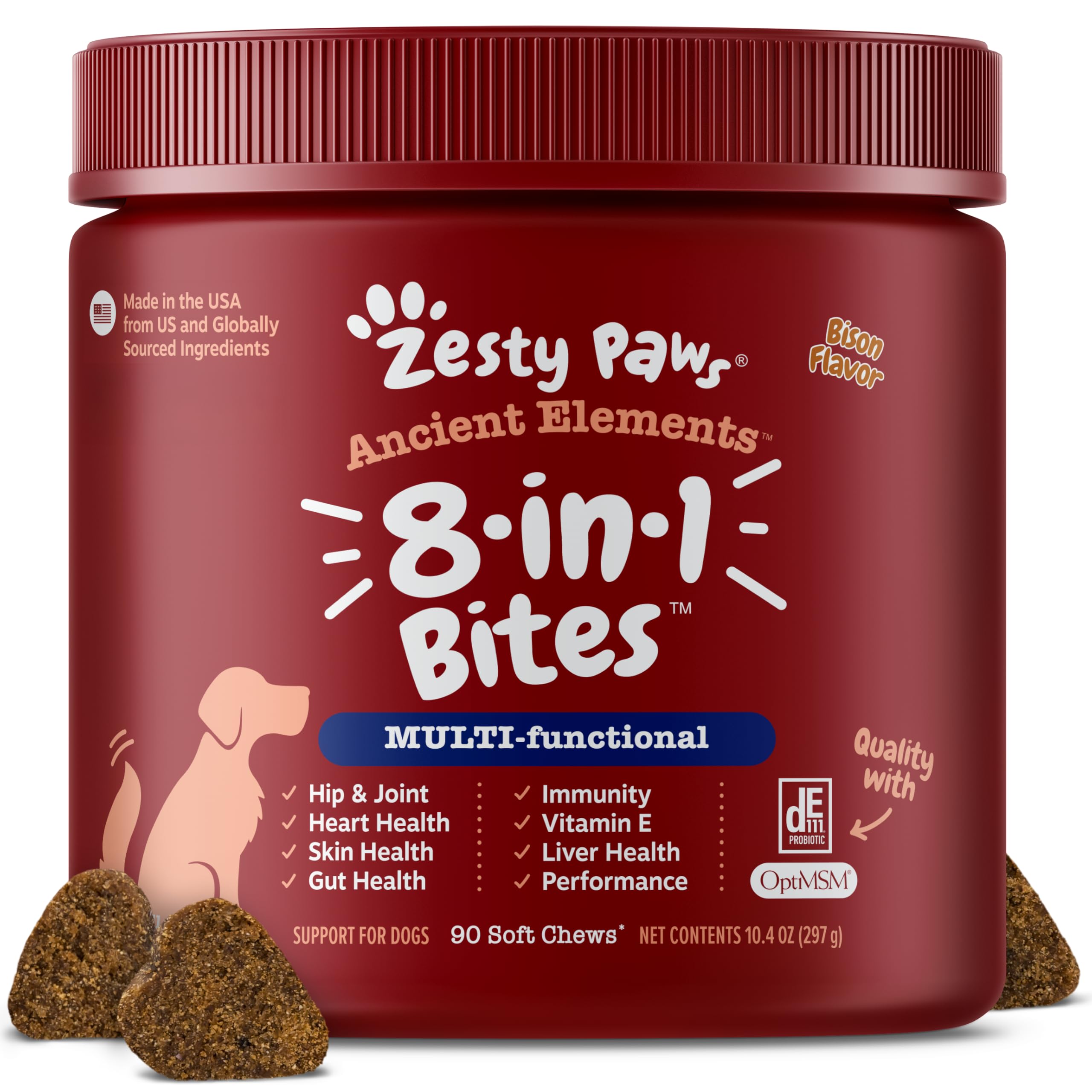 Zesty Paws Dog Multivitamin, Chewable Dog Vitamins and Supplements for Hip & Joints, Skin & Coat, Omega 3 Fish Oil for Dogs- Senior & Puppy Multivitamin - Bison- 90ct